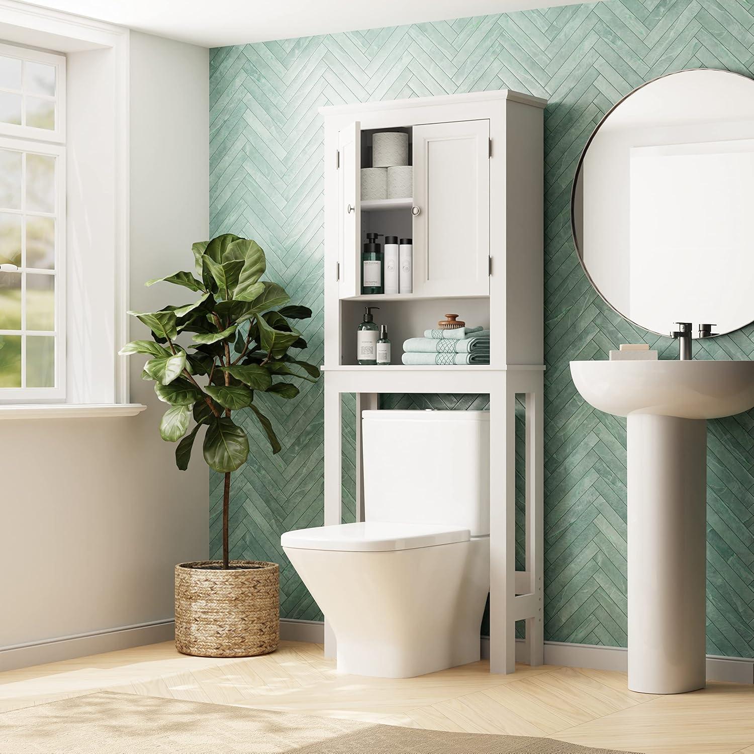 White Adjustable Over-the-Toilet Storage Cabinet with Doors