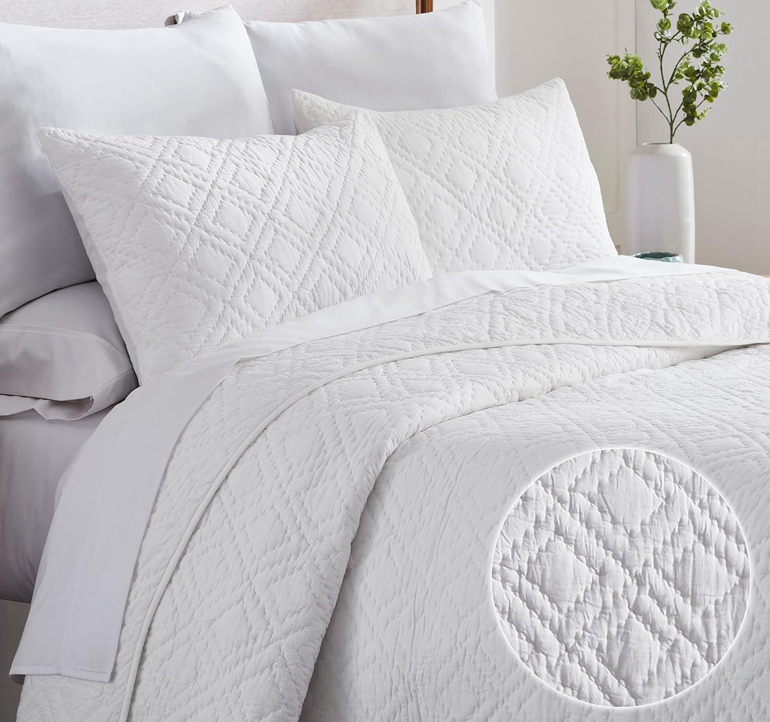 Luxury 100% Cotton Quilt Set, Hand-Quilted, Pre-Softened, Diamond Pattern by California Design Den - White, King