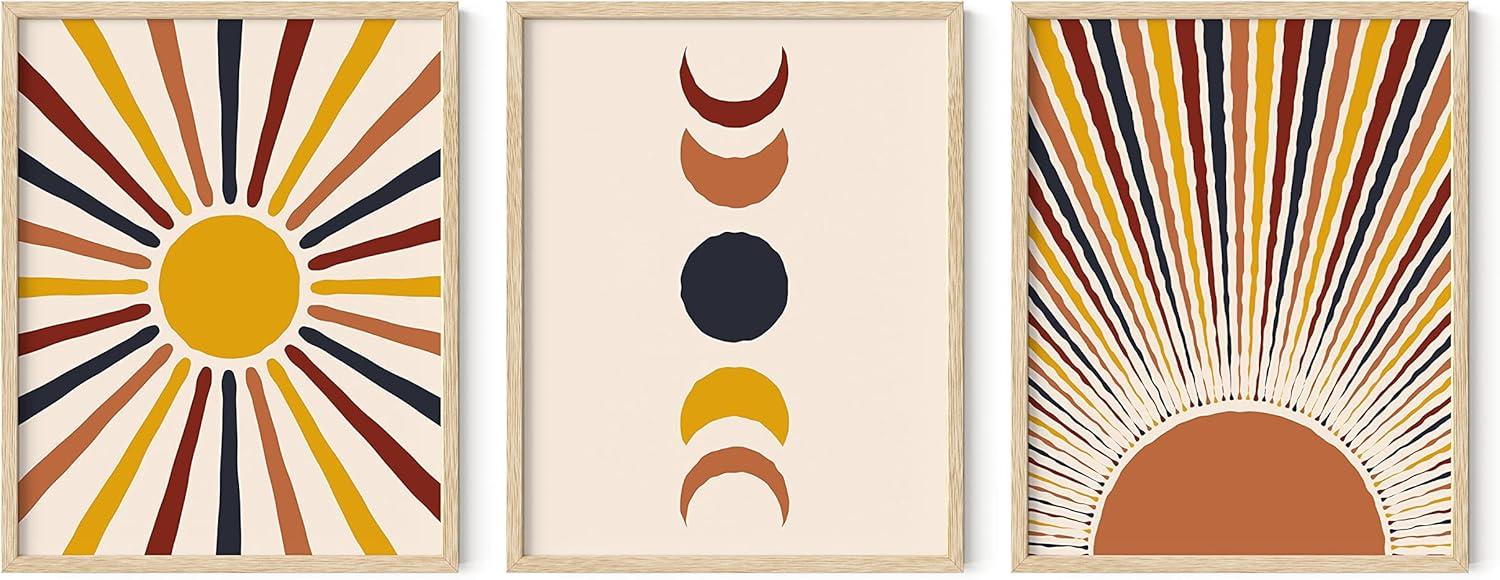 HAUS AND HUES Mid Century Modern Wall Art Boho Wall Decor - Set of 3 Sun Art Print Boho Wall Prints Mid Century Decor | Boho Posters and Prints Moon Wall Art | UNFRAMED (11x14)