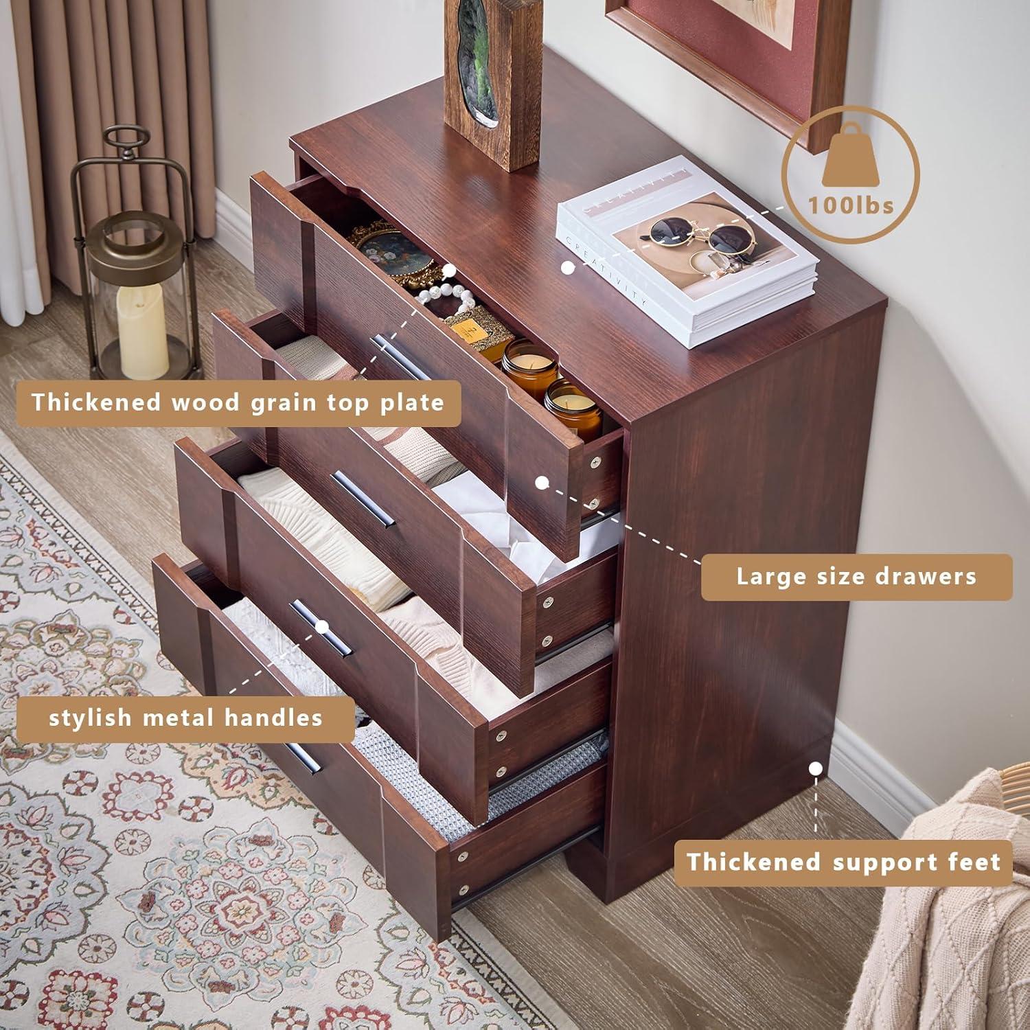 Ebern Designs Farmhouse Cherry Red Curved Tall 4 Drawers Dresser for Bedroom, 4 Chest of Drawers for Closet