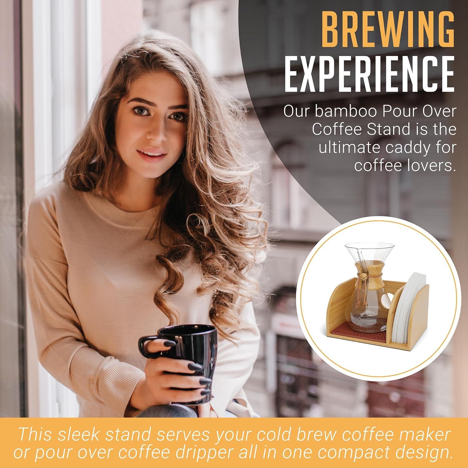 HEXNUB Bamboo Caddy for Chemex, Bodum, Cosori Pour Over Coffee Makers - Cork Mat