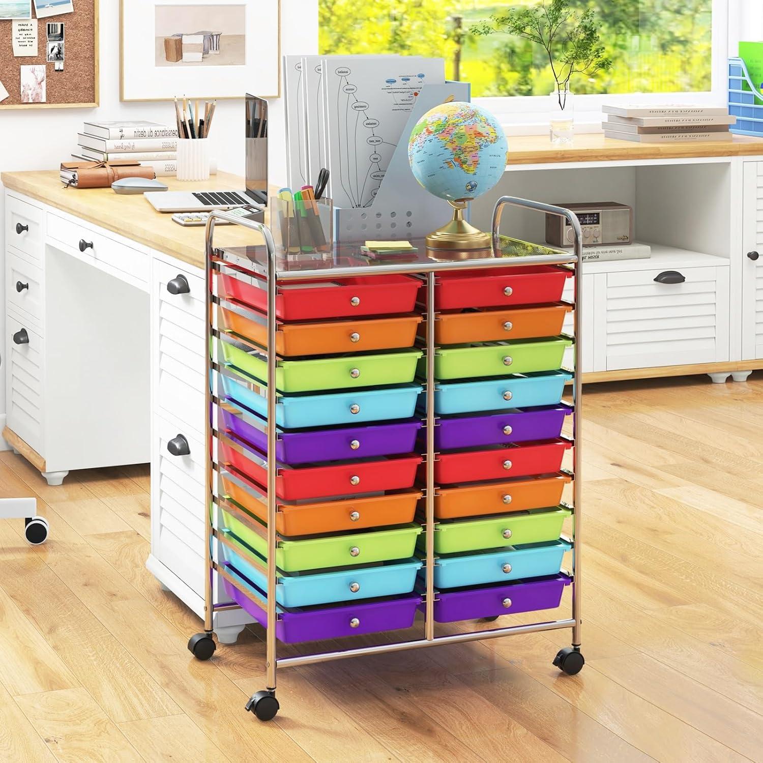 20-Drawer Organizer Cart Tools, Mobile Utility Storage Cart with Detachable Drawers & Lockable Wheels, Rolling Storage Cart with wheels for Home Office School(Multicolor)