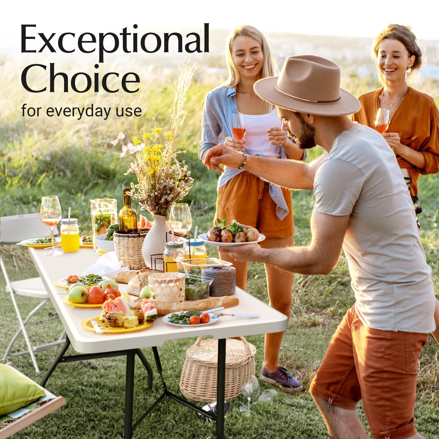 CL.HPAHKL 6 Foot Folding Table with Carrying Handle, Portable Plastic Camping Table Fold in Half, 6 ft Foldable Table with Sturdy Steel Frame for Indoor Outdoor Camping, Picnic and Party, White