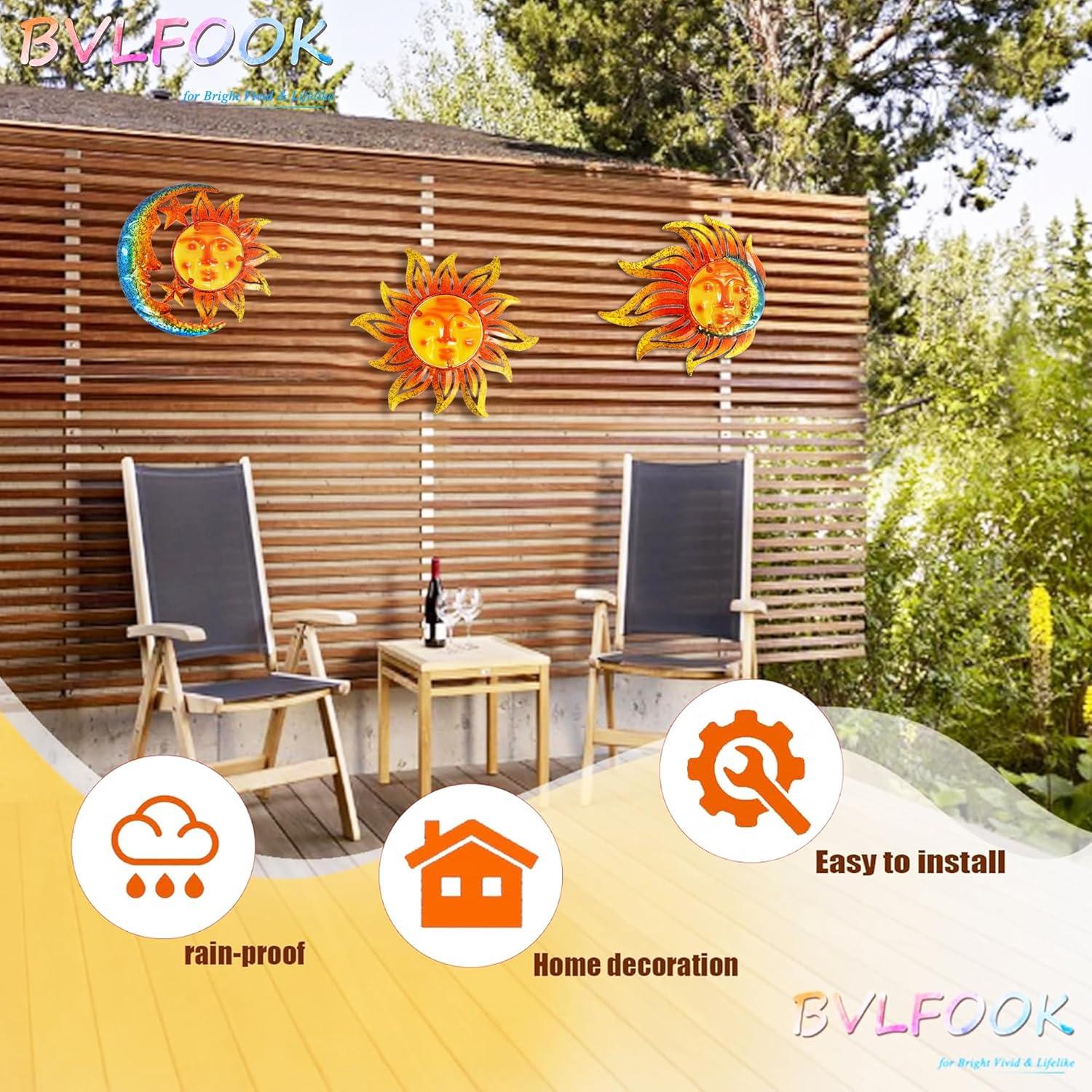 BVLFOOK Sun Face Metal Wall Art Decor Outdoor Indoor, Sun Moon Star, Metal & Glass Hanging Wall Patio Decorations for Outdoor Living Room Bedroom Garden Porch Fence Balcony, Set of 3, 9 inch Large