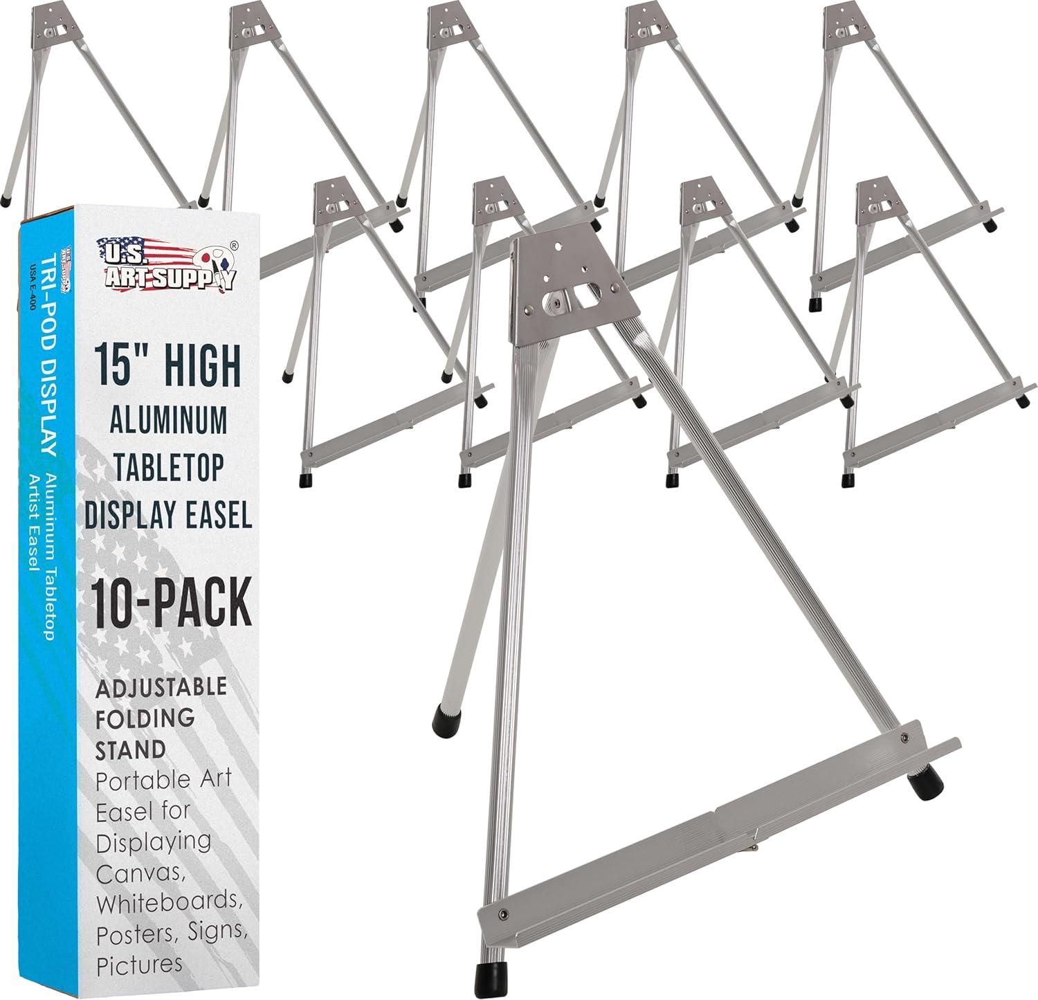 U.S. Art Supply 15" High Aluminum Tabletop Display Easel, Portable Artist Tripod Stand (Pack of 10) Hold Paintings Books