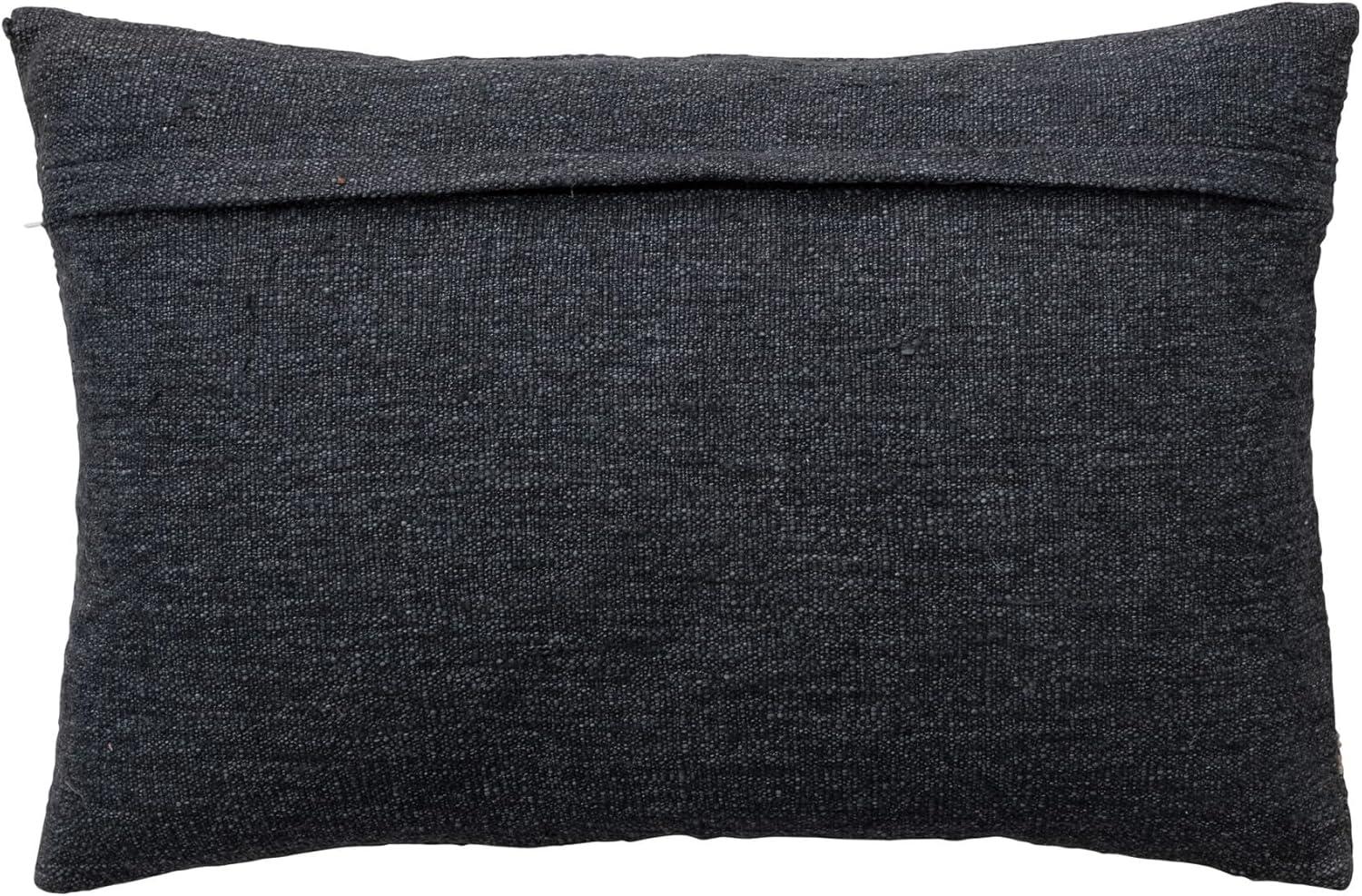 24-Inch Charcoal Cotton Blend Lumbar Pillow with Jute Embroidery