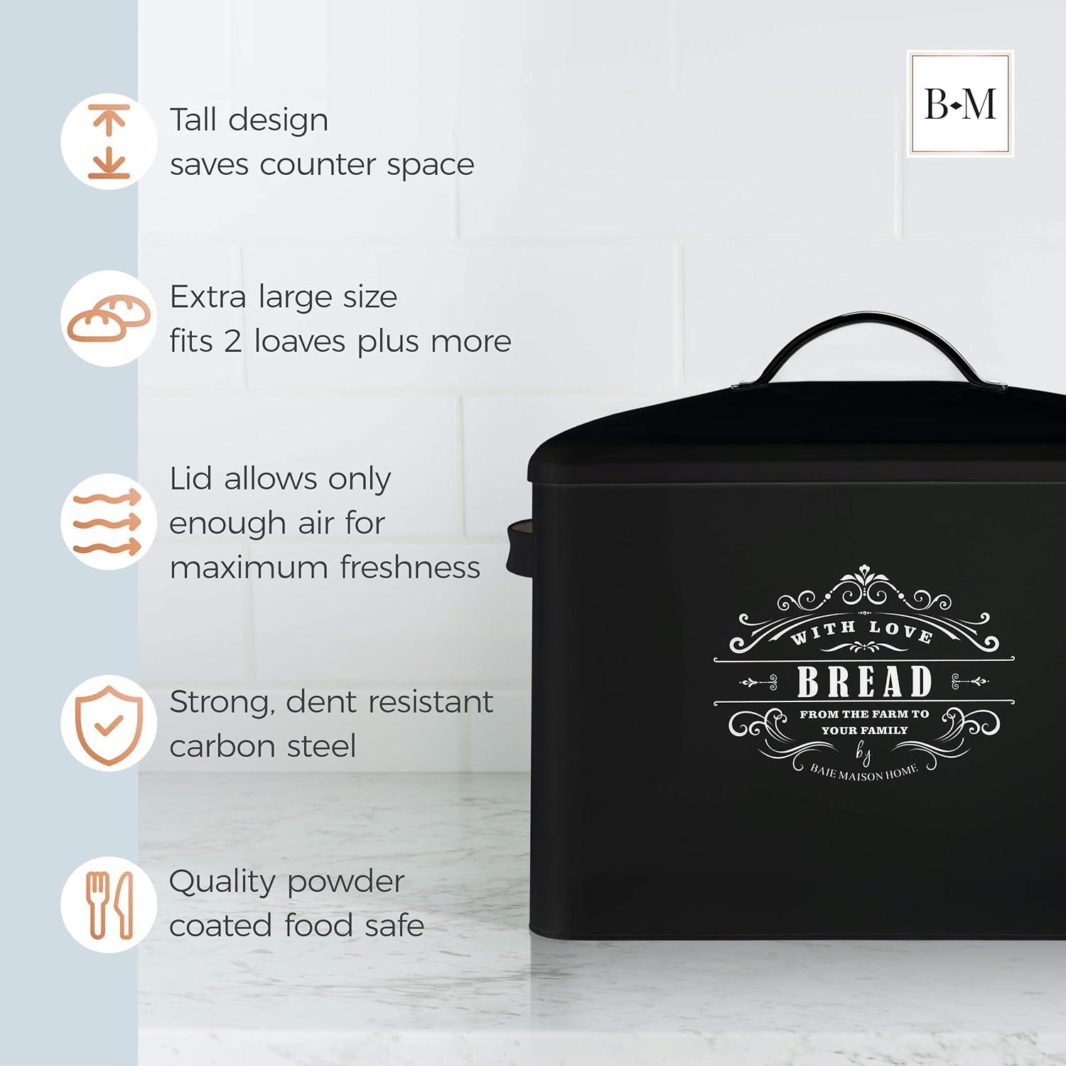 Extra Large Black Metal Bread Box with Handles