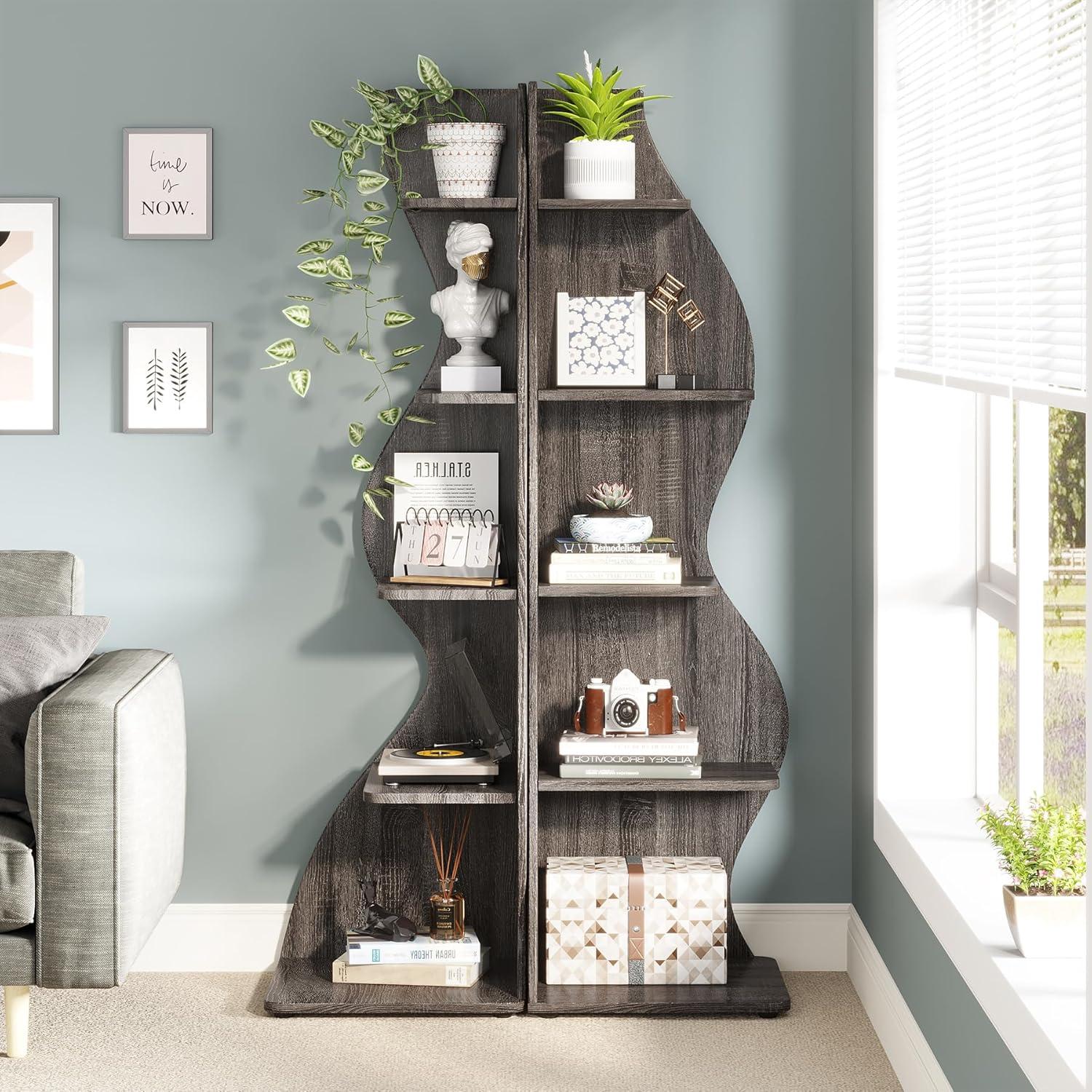 Gray 5-Tier Modern Corner Bookcase with Adjustable Shelves