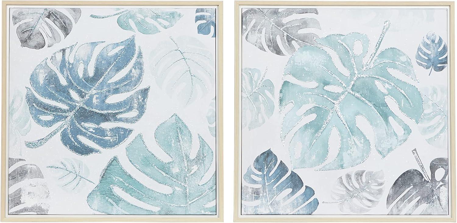 24" Blue and White Tropical Leaf Canvas Wall Art Set with Brown Frame