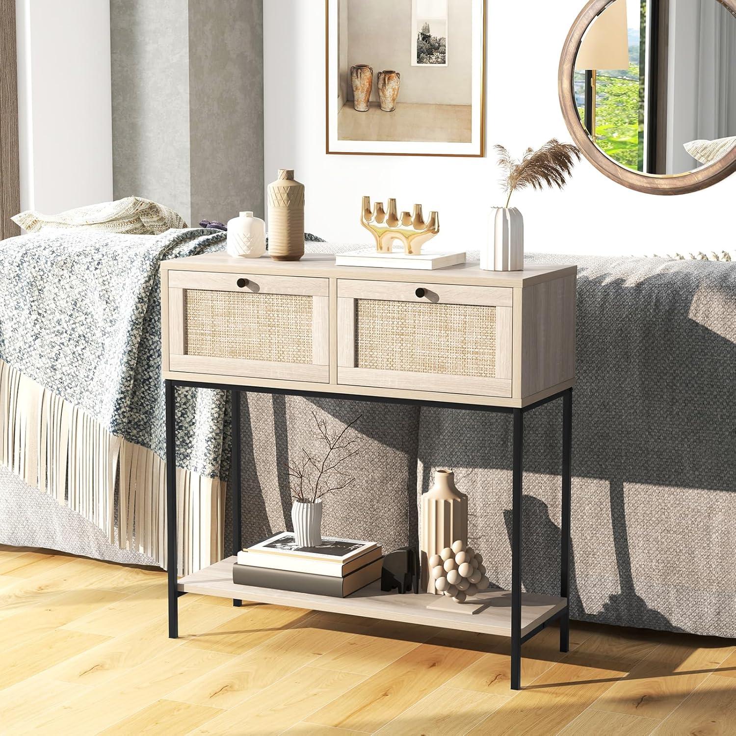 Natural Wood and Rattan Console Table with Metal Frame