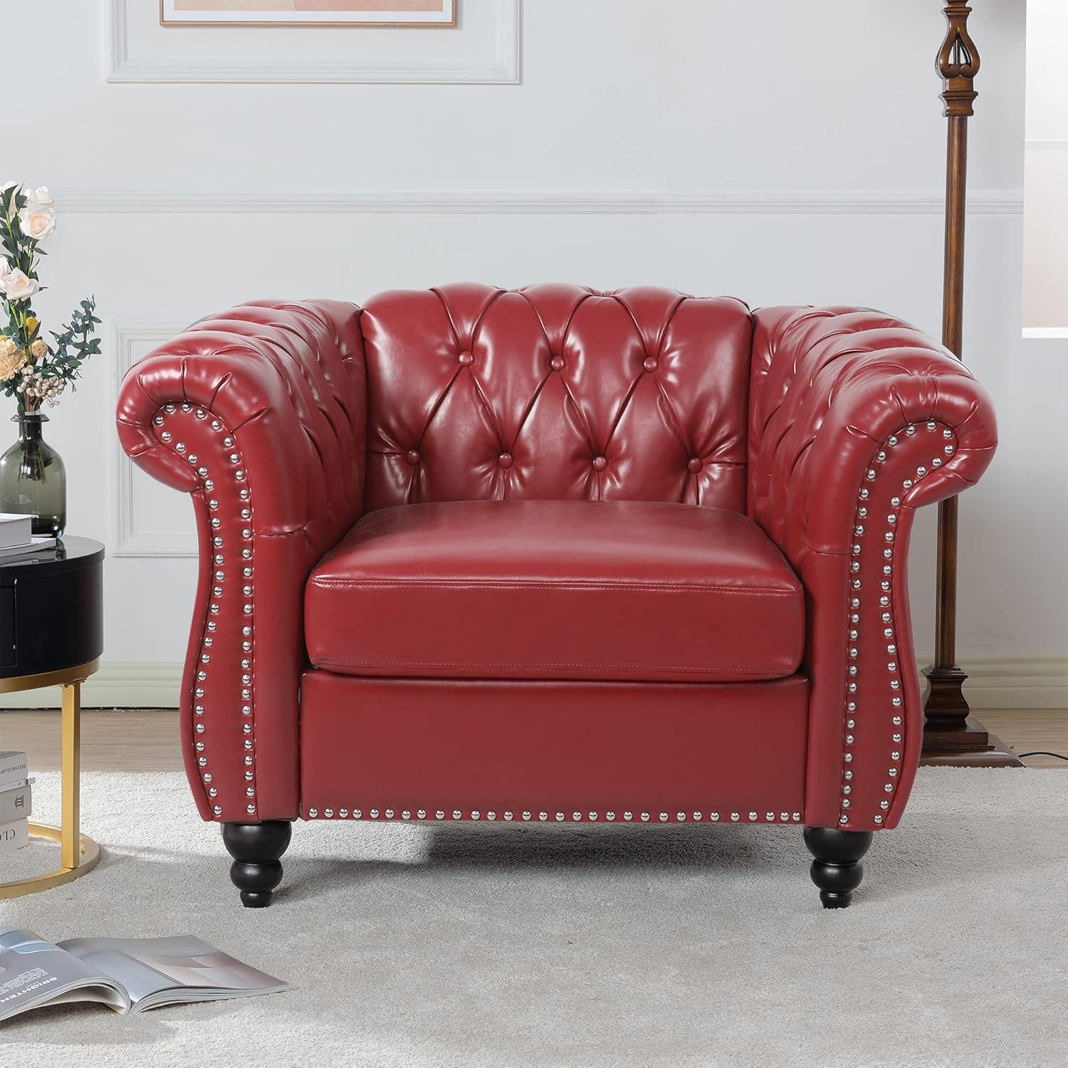 Red Faux Leather Chesterfield Armchair with Nailhead Trim