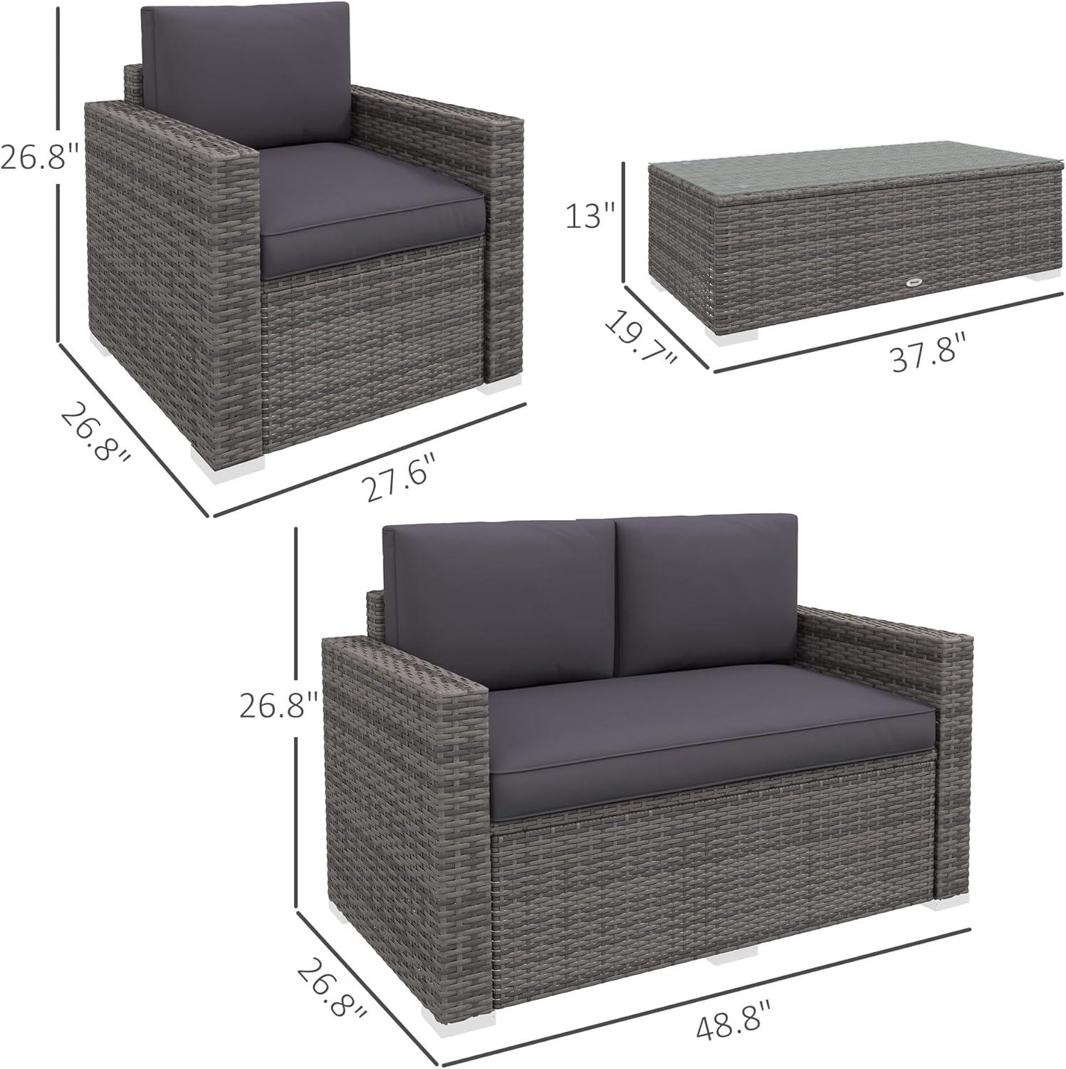 Outsunny 4-Piece Rattan Wicker Furniture Set, Outdoor Cushioned Conversation Furniture with 2 Chairs, Loveseat, and Glass Coffee Table, Gray