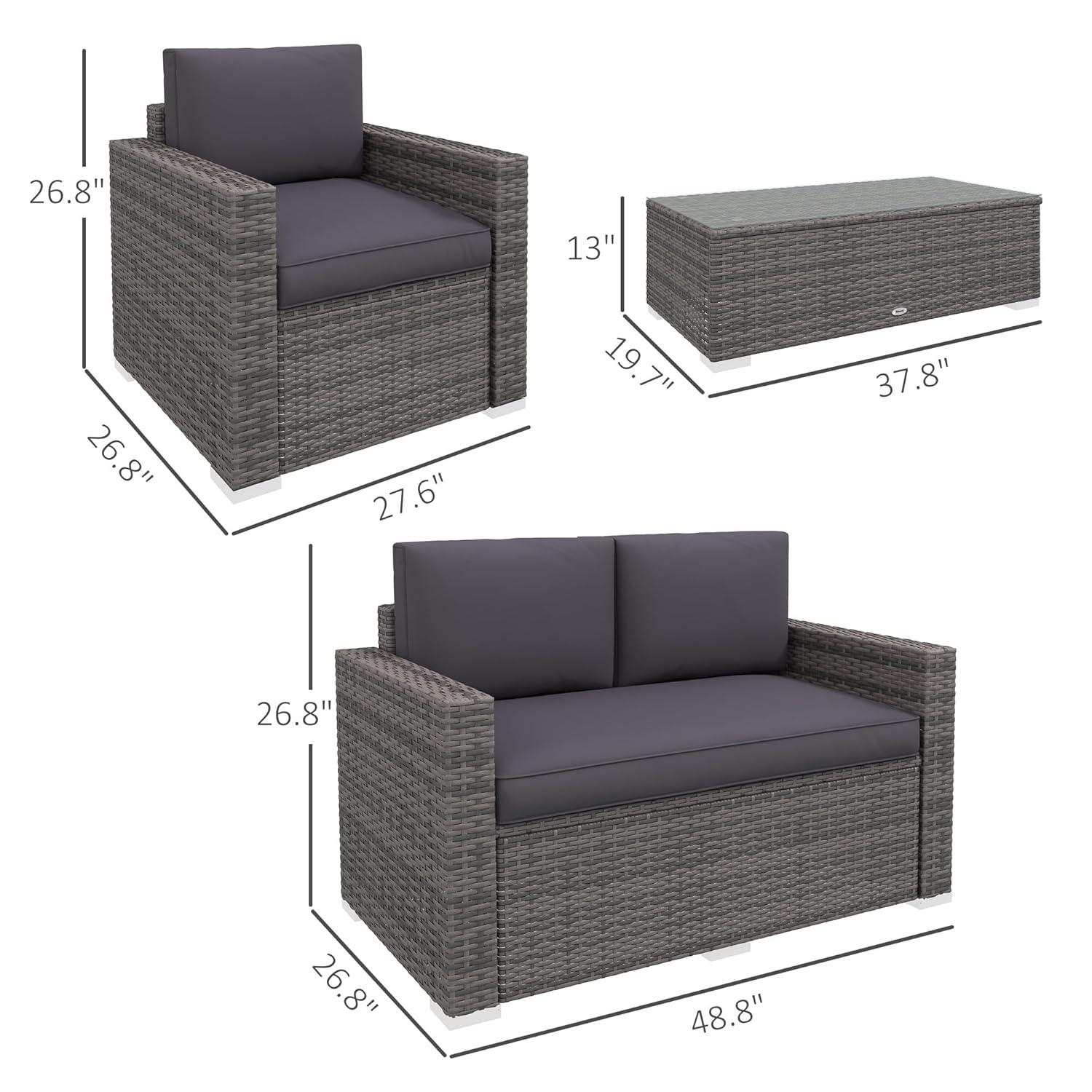Outsunny 4-Piece Rattan Wicker Furniture Set, Outdoor Cushioned Conversation Furniture with 2 Chairs, Loveseat, and Glass Coffee Table, Gray
