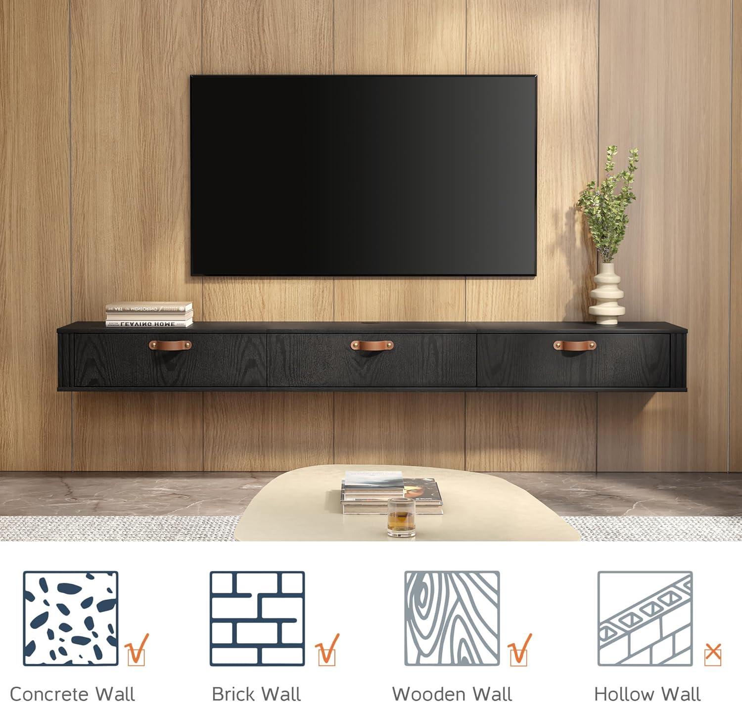 WAMPAT 70 inch Floating TV Shelf for Under TV, Floating TV Stand for 75 TVs, Wall Mount Media Console TV Stand with Storage for Living Room,Bedroom, Black