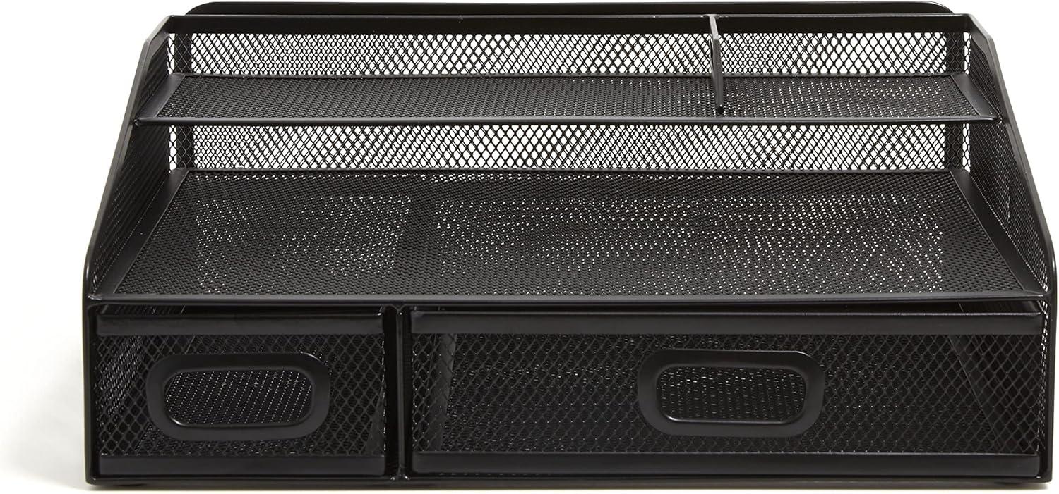 Matte Black Metal Mesh 6-Compartment Desk Organizer with Drawers