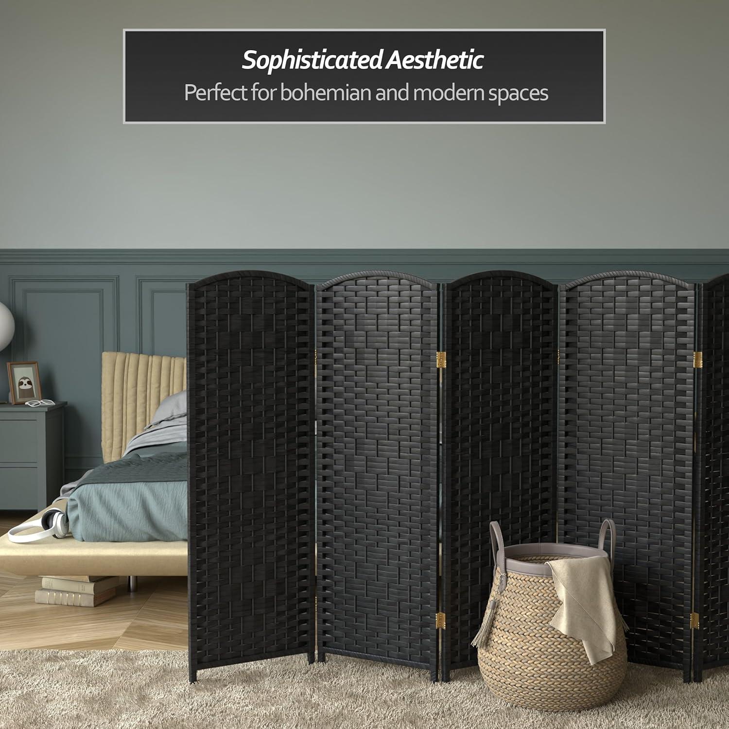 4 ft. Short Diamond Weave Fiber Folding Screen - Black - 6 Panel