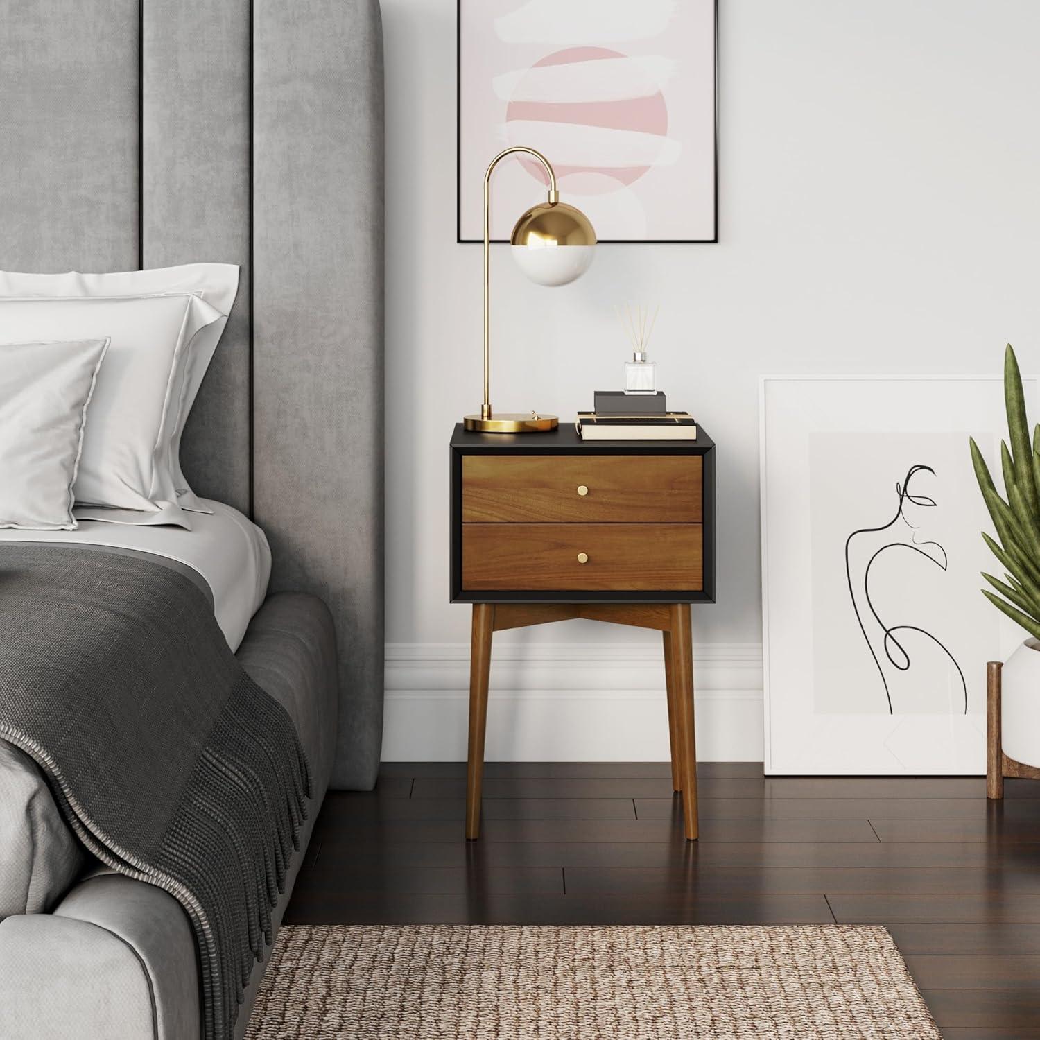 Mid-Century Modern Harper 2-Drawer Side Table in Black and Brown