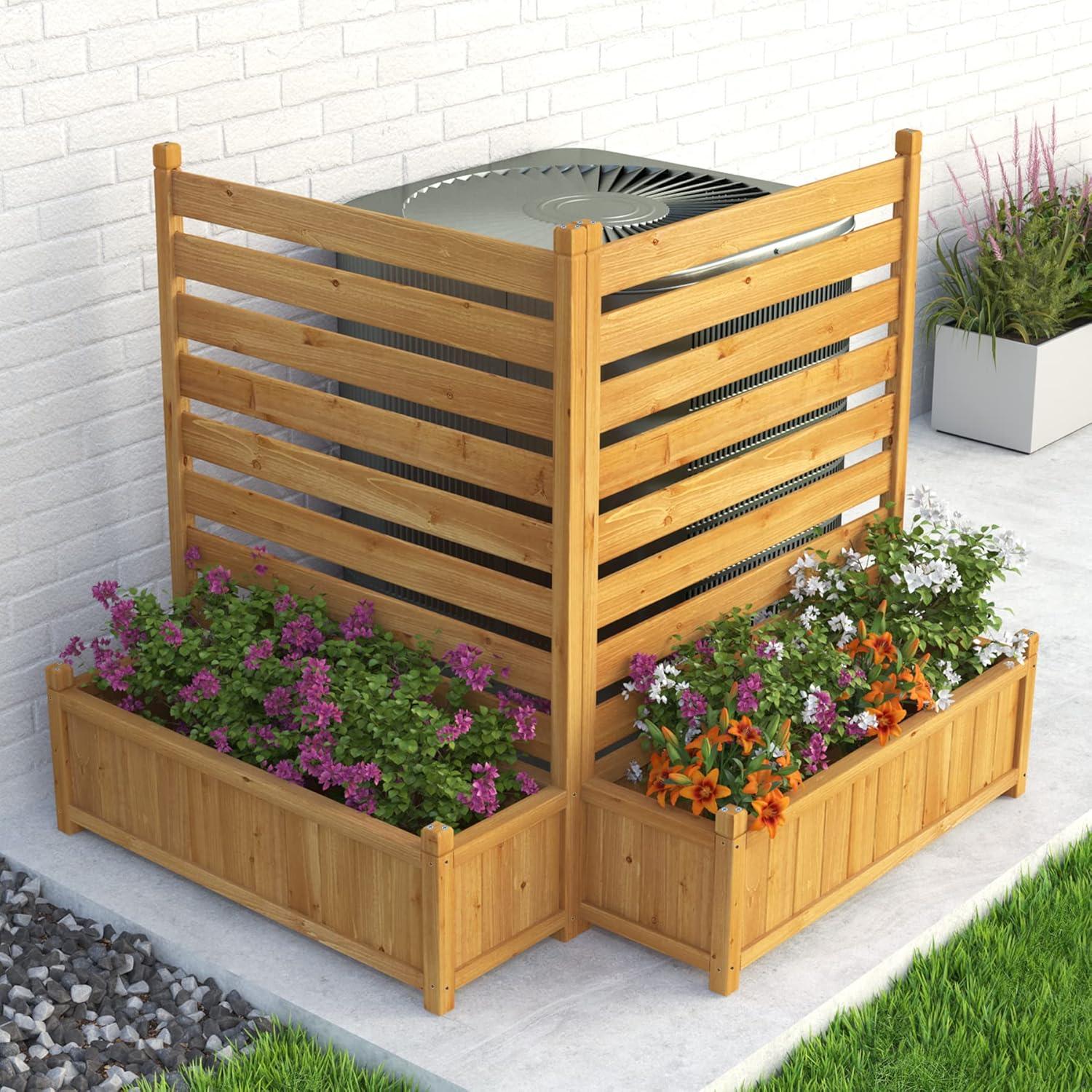 Natural Wood Outdoor Privacy Screen with Planter Box