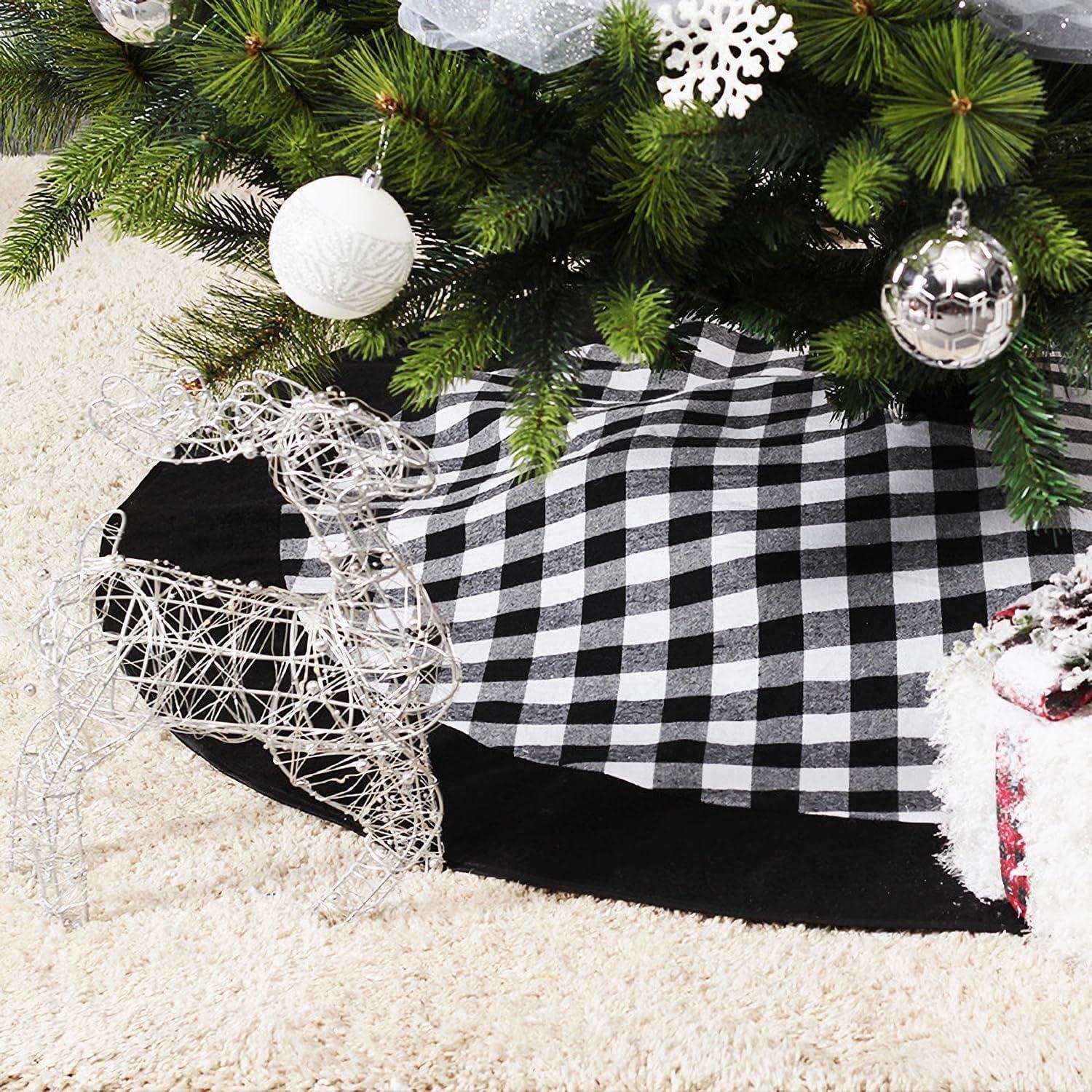 Christmas Tree Skirt 48 inch Large, Double Layer Black and White Plaid Buffalo Slim Checked Tree Mat for Xmas Country Farmhouse Holiday Party Decoration Christmas Ornaments