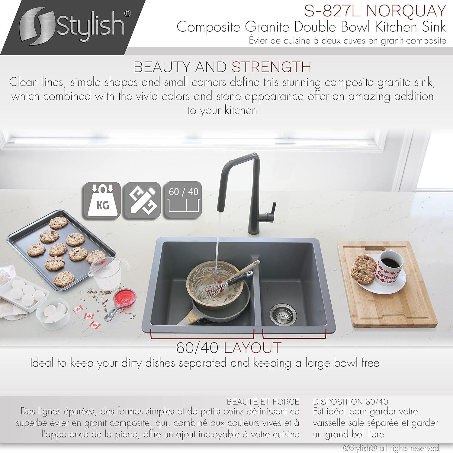 STYLISH S-827L Pietra STYLISH 27 inch Double Bowl 60/40 Dual Mount Composite Granite Kitchen Sink