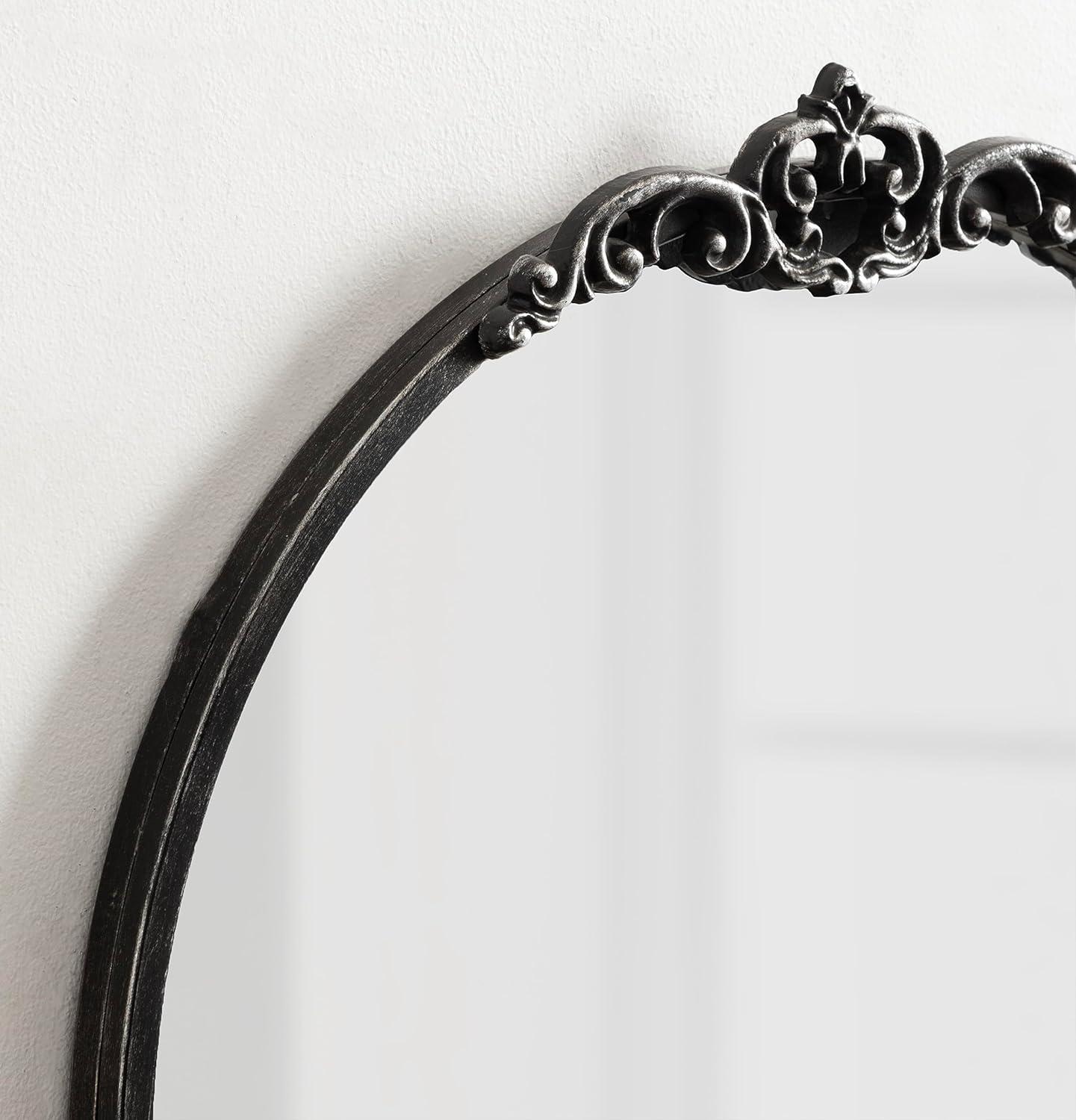 Antique Black Arched Metal Framed Mirror with Shelf