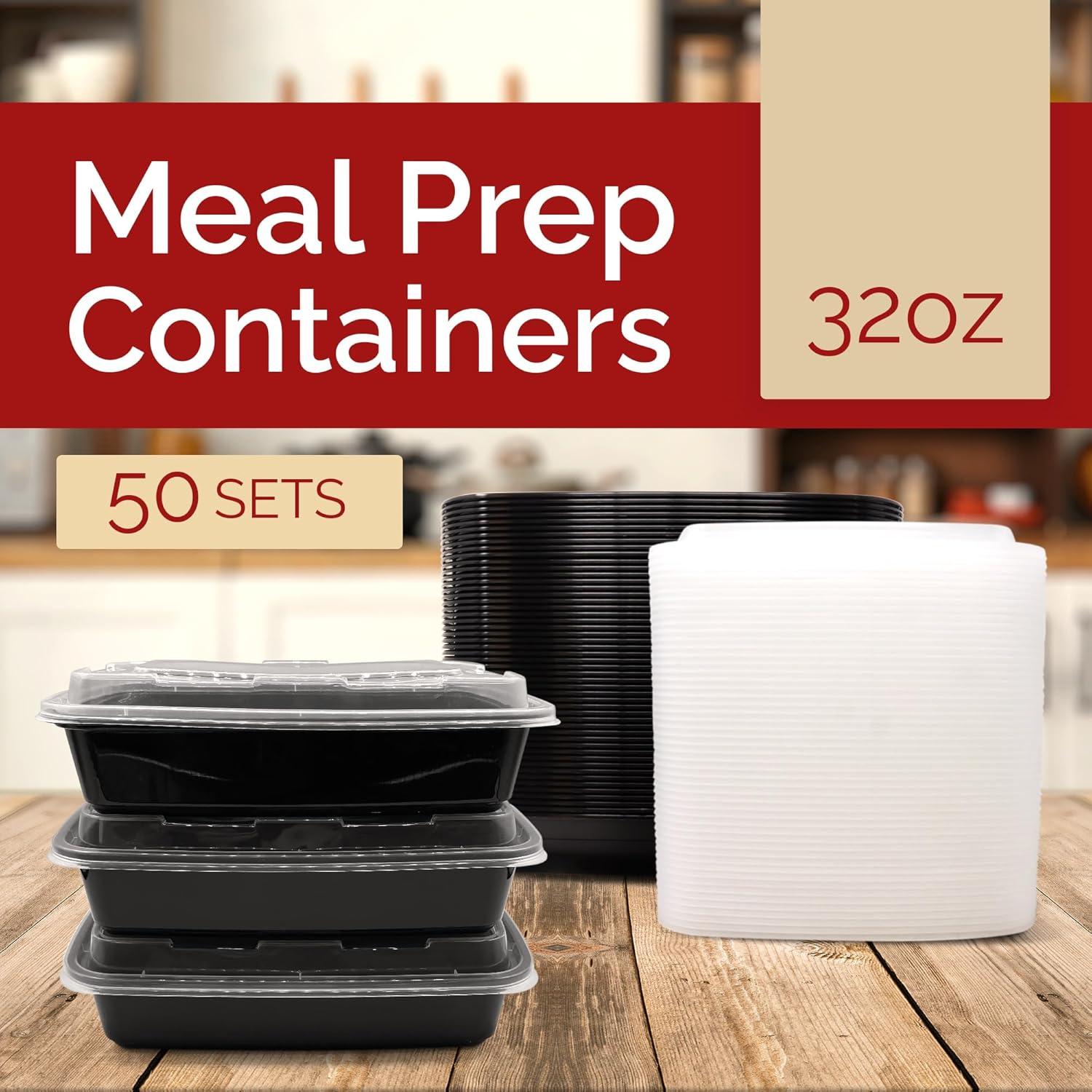 Diska NuLife 32oz Rectangular Food Container 50 Set | Black PP Polypropylene Containers With Lids For Storage | Microwave & Freezer Safe | Eco-Friendly, BPA-Free