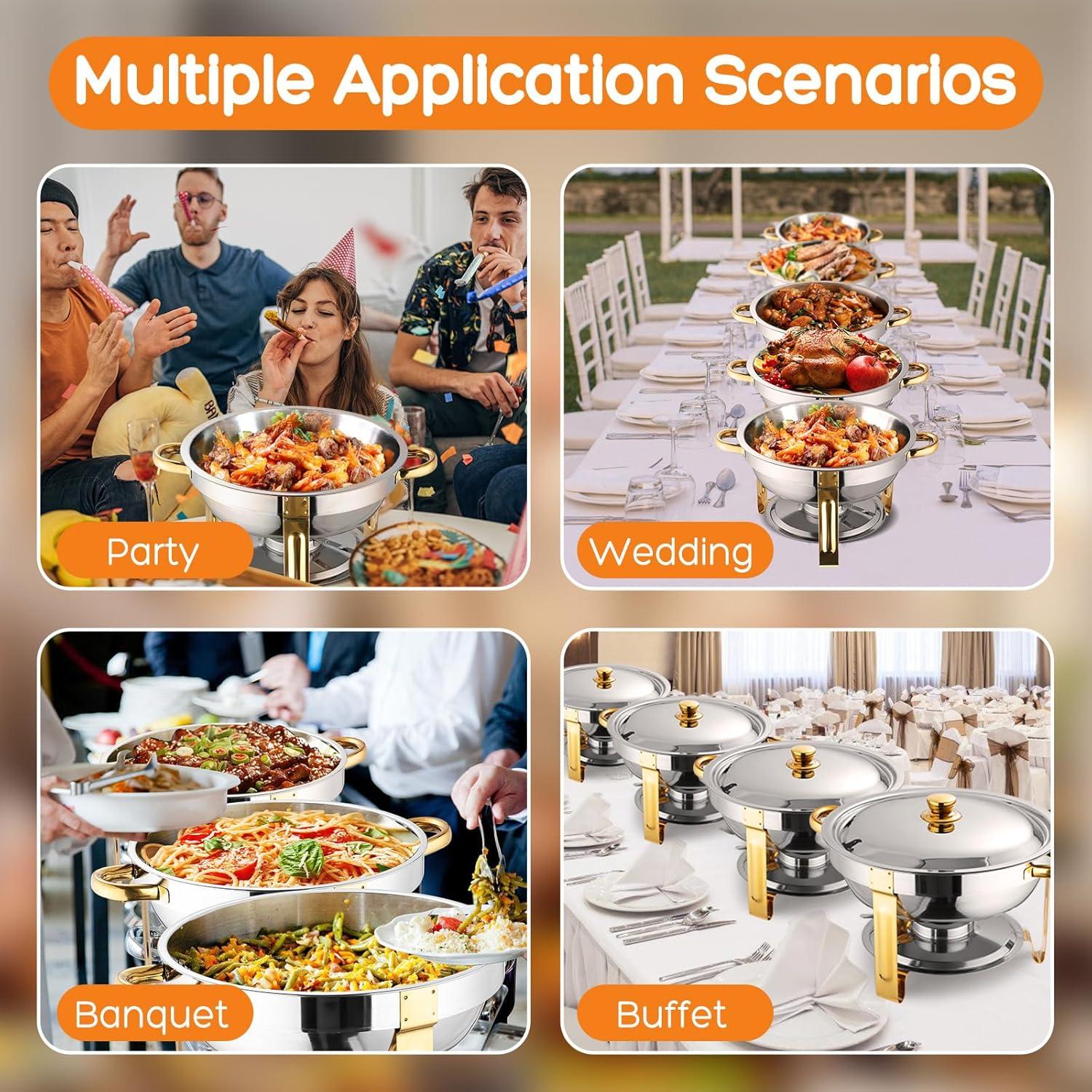 WhizMax Chafing Dish Buffet Set 2 Pack 5QT, Stainless Steel Round Chafing Dishes for Buffet with Lid Holder & Glass Lid, Gold