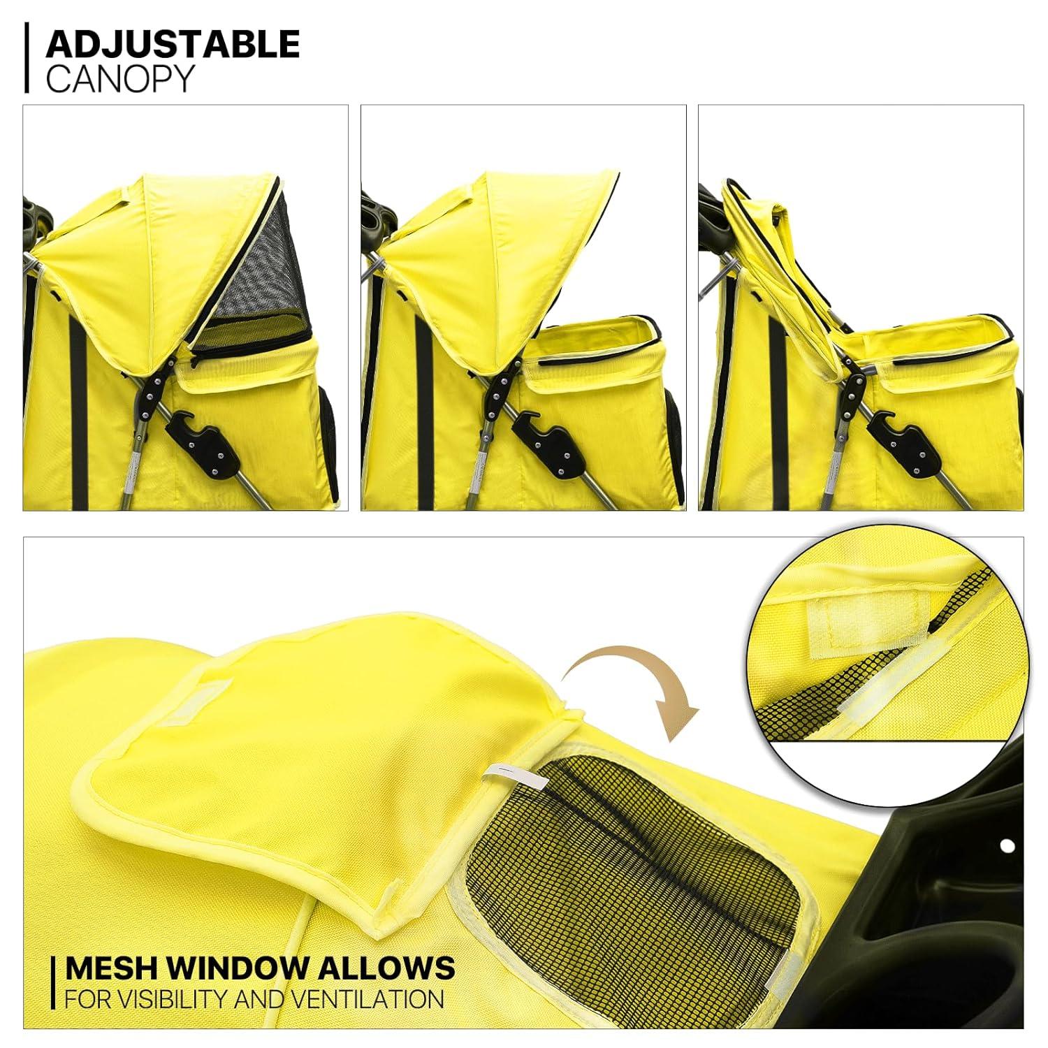 3 Wheel Folding Pet Stroller, Foldable Dog Jogger Stroller with Storage Basket, Cup Holder & Canopy