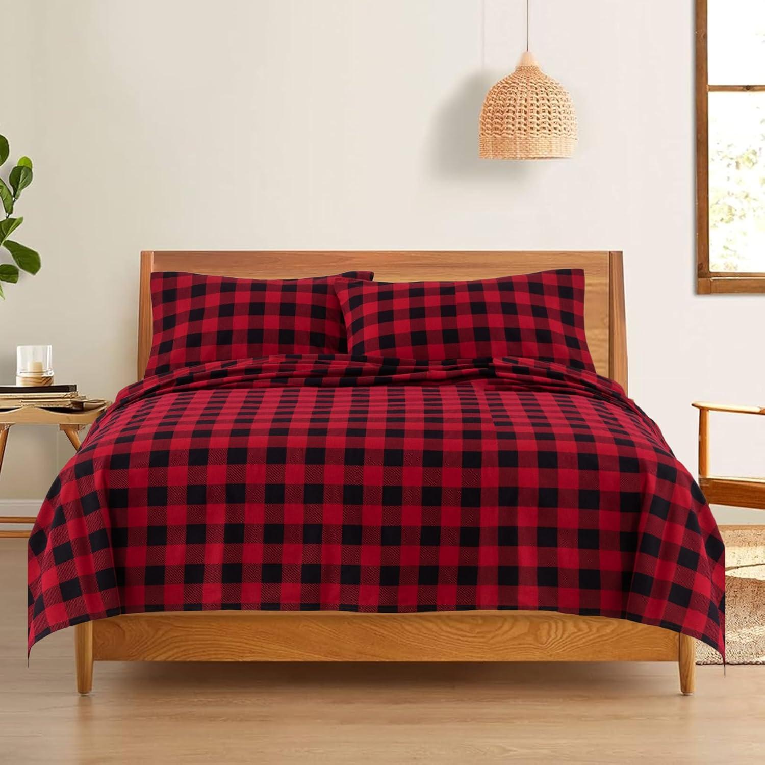 Bliss Casa 4 Piece 100% Cotton Flannel Sheet Set King - High GSM Deep Pockets, Warm Breathable Flannel Sheet Set. Flannel Bed Set Include Flat Sheet, Fitted Sheet & Pillowcases (Buffalo Check)