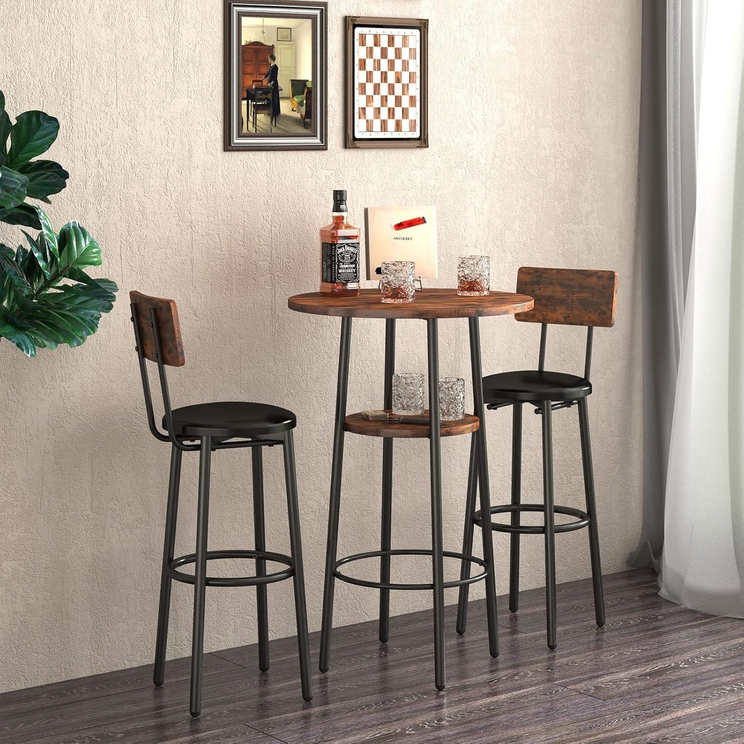 Rustic Brown 3-Piece Industrial Pub Table Set with Wooden Seats