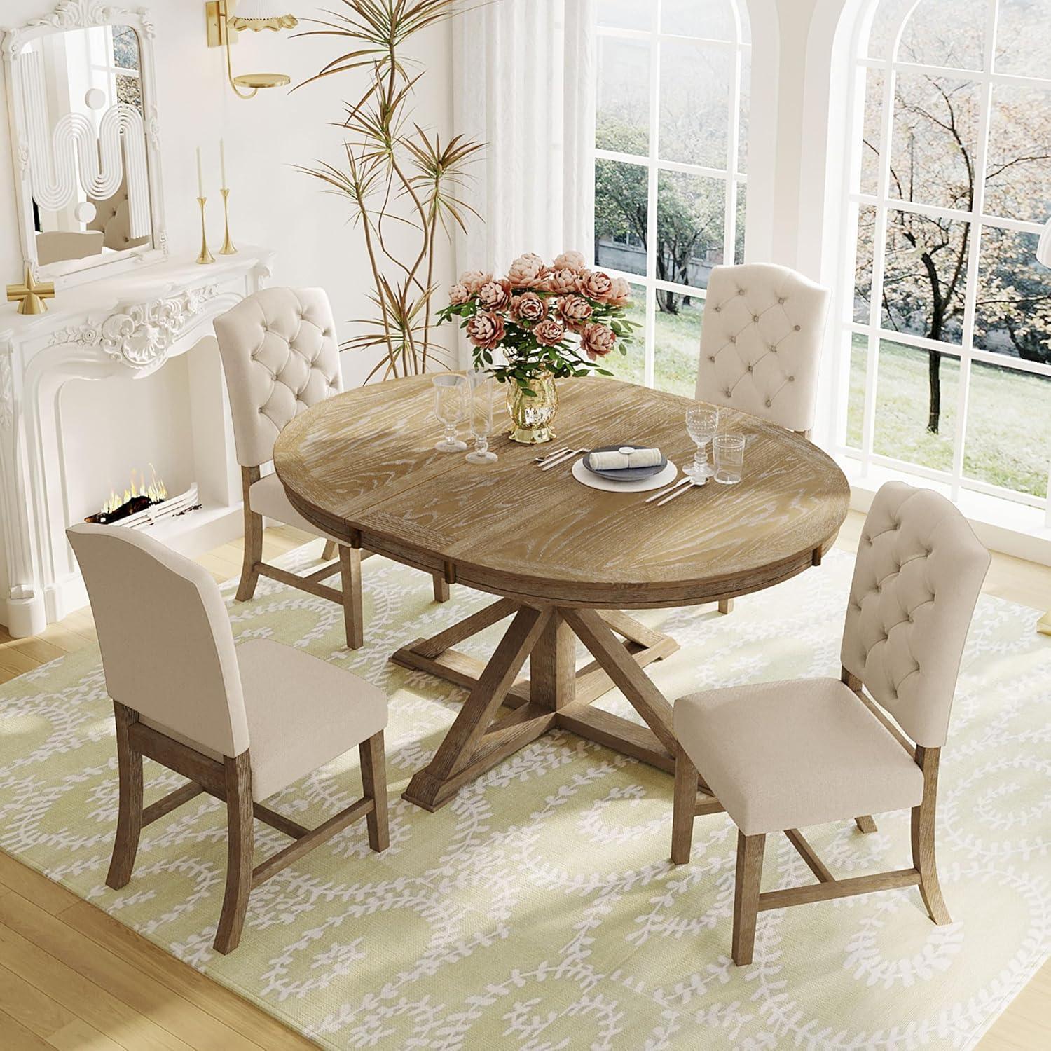 Natural Wood Extendable Round Dining Table with X-Shaped Base