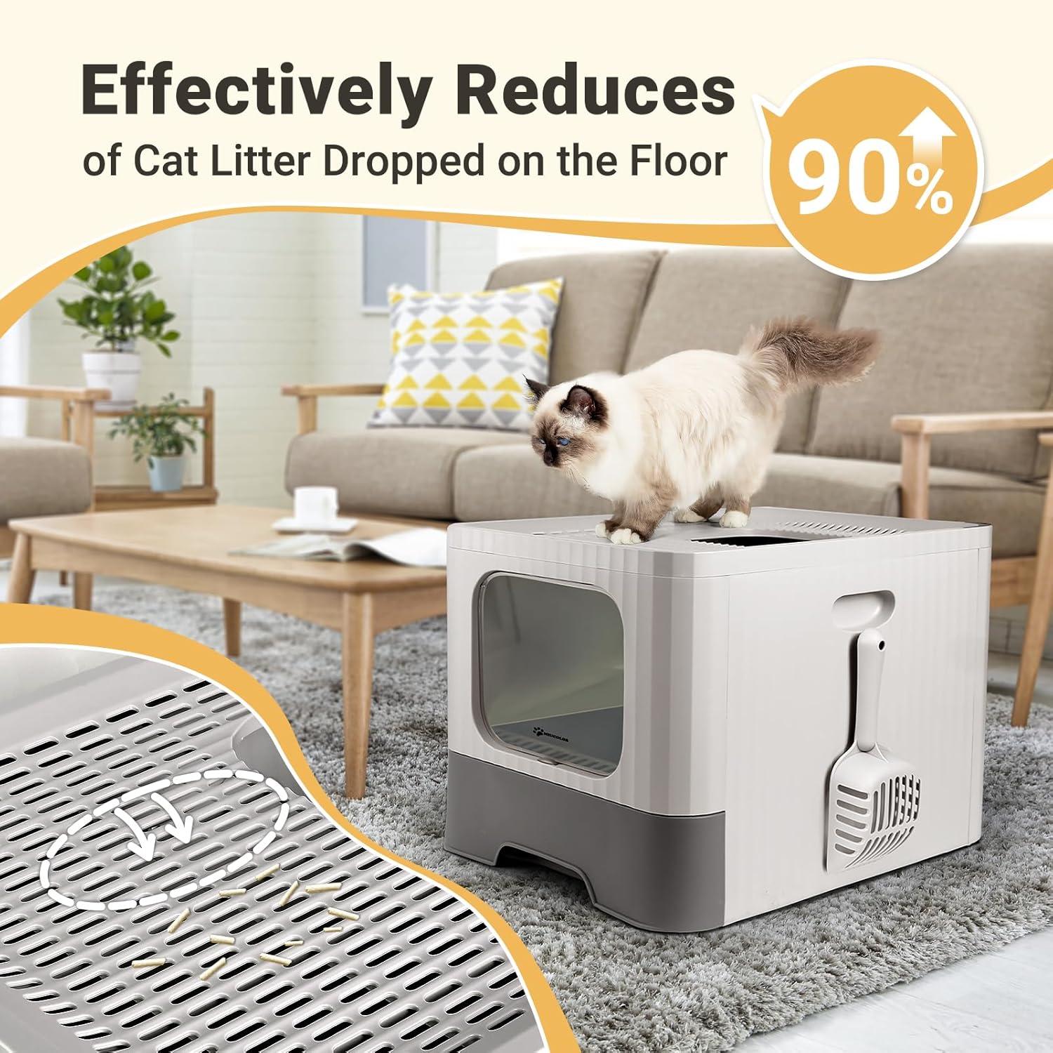 Dextrus Large Enclosed Cat Litter Box with Lid Drawer Type Easy to Clean,with Cushion&Litter Scoop,Gray