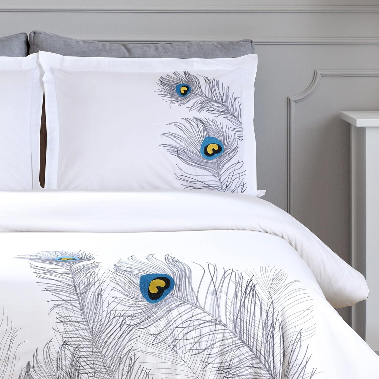 Silver Embroidered Peacock Cotton King/California King Duvet Cover Set