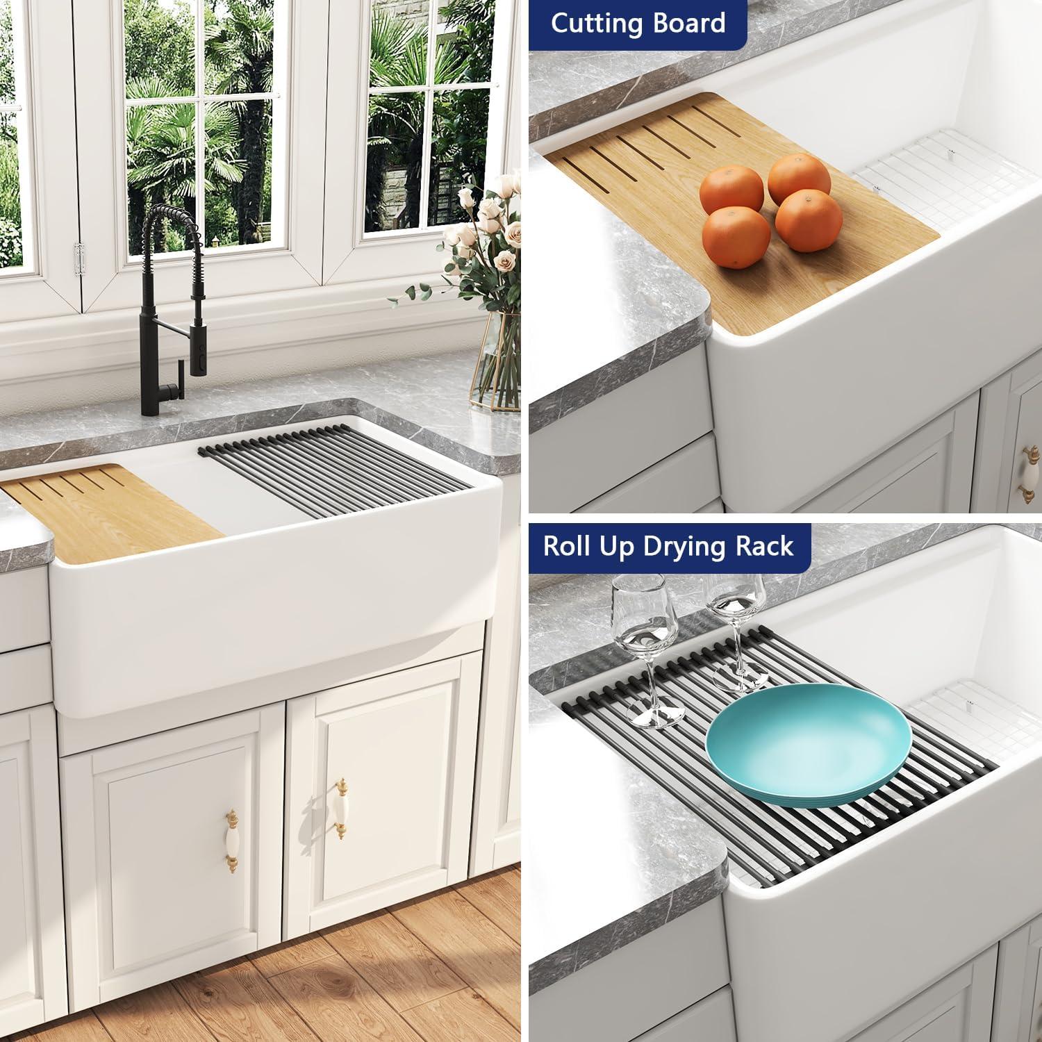 DeerValley 33" L X 20" W Single Basin Workstation Farmhouse Kitchen Sink With Sink Grid, Cutting Board And Dish-Drying Rack