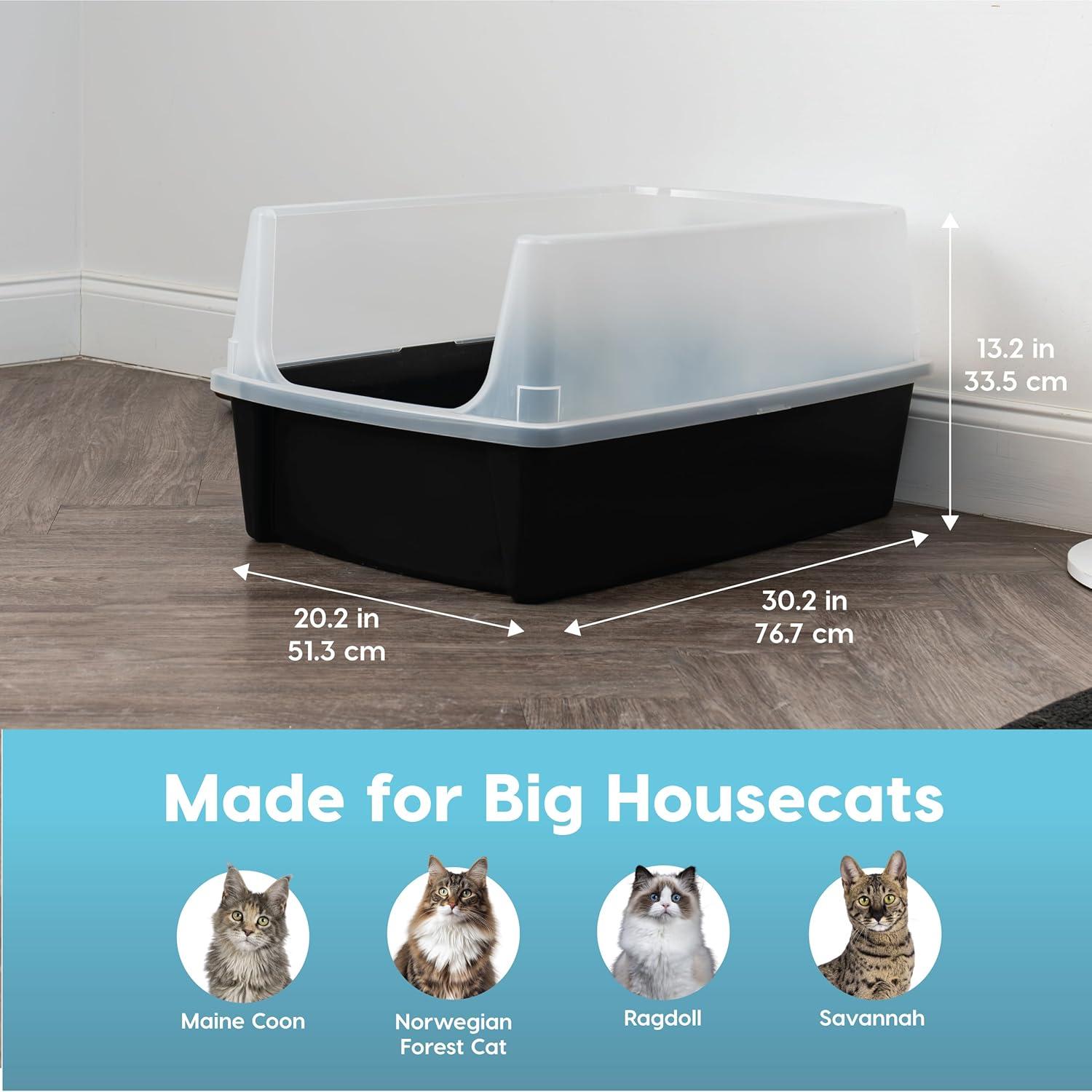 IRIS USA Extra Large Open Top Cat Litter Box with Scatter Shield, Sturdy Easy to Clean Open Air Kitty Litter Pan with Tall Spray