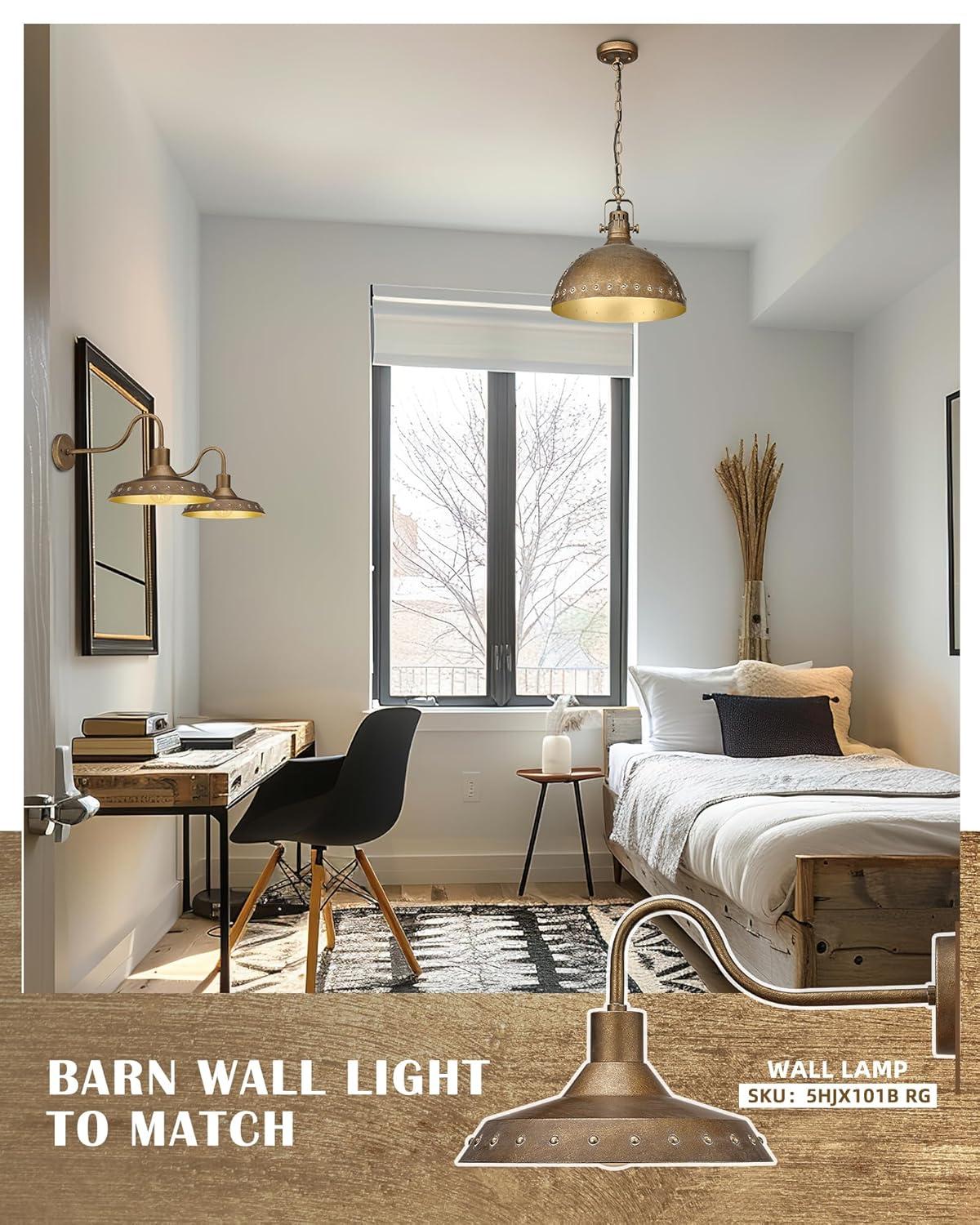 Farmhouse Pendant Light Fixtures, HWH Barn Hanging Lighting for Kitchen Island 12'' with Height Adjustable Chain, Antique Brass Kitchen Island Lighting with Metal Dome Shade, 5HZG103H RG