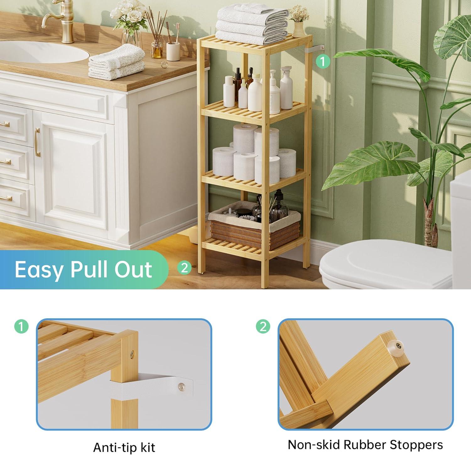 4-Tier Bamboo Bathroom Shelf, Narrow Shelving Unit, Multifunctional Storage Rack, Corner Rack, for Kitchen, Living Room, Bedroom, Entryway, Bathroom, Natural UBCB54Y