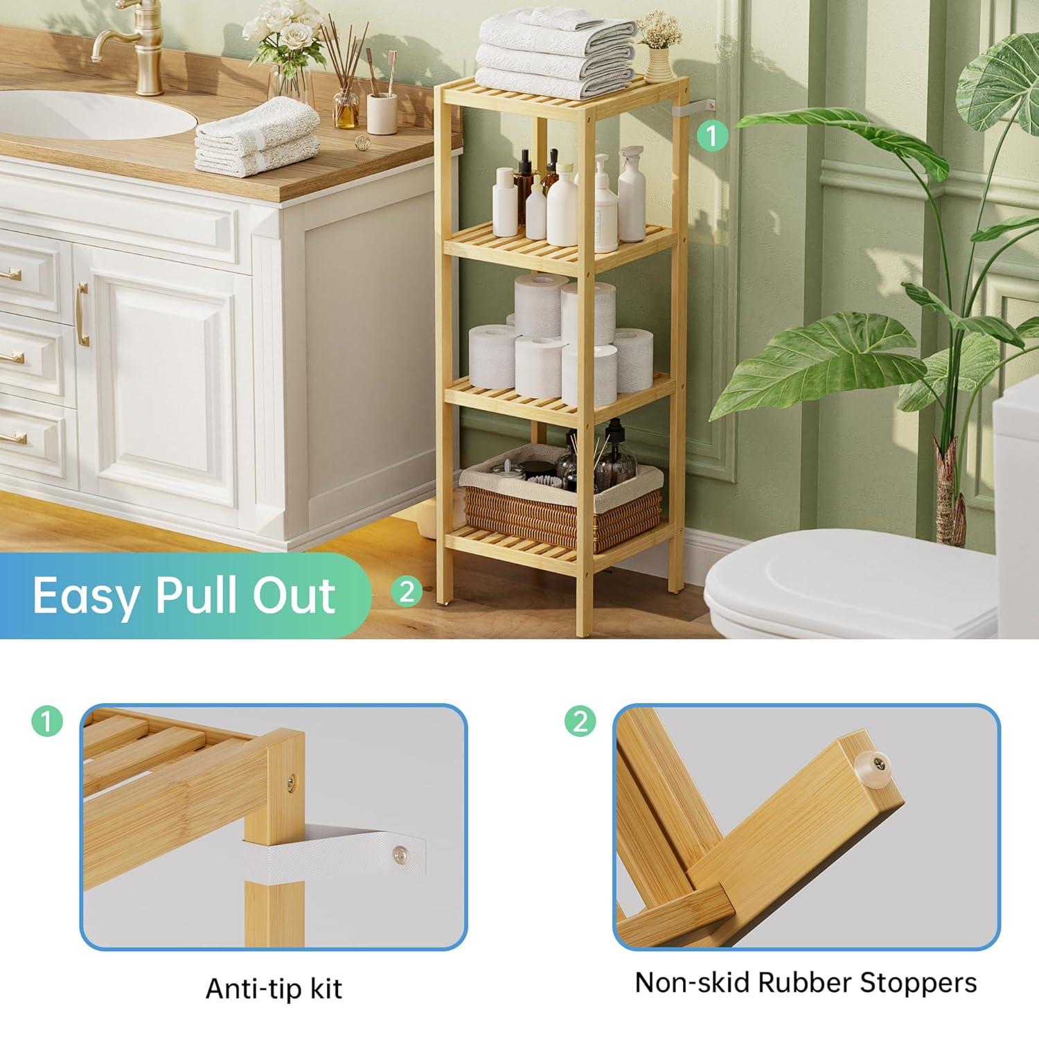 Bathroom Storage Shelf, 4-Tier Bamboo Rack Organizer, Multifunctional Shelving Unit For Living Room Bedroom Kitchen (Black)