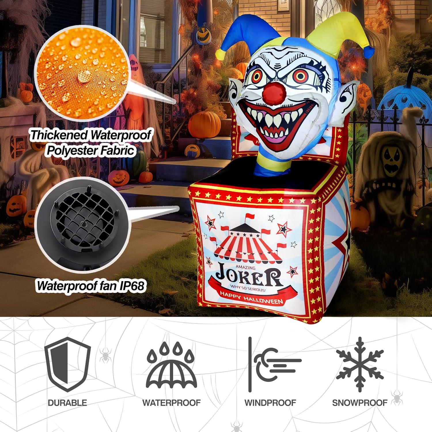 5 Ft Bright White Inflatable Halloween Clown Box with LED Light