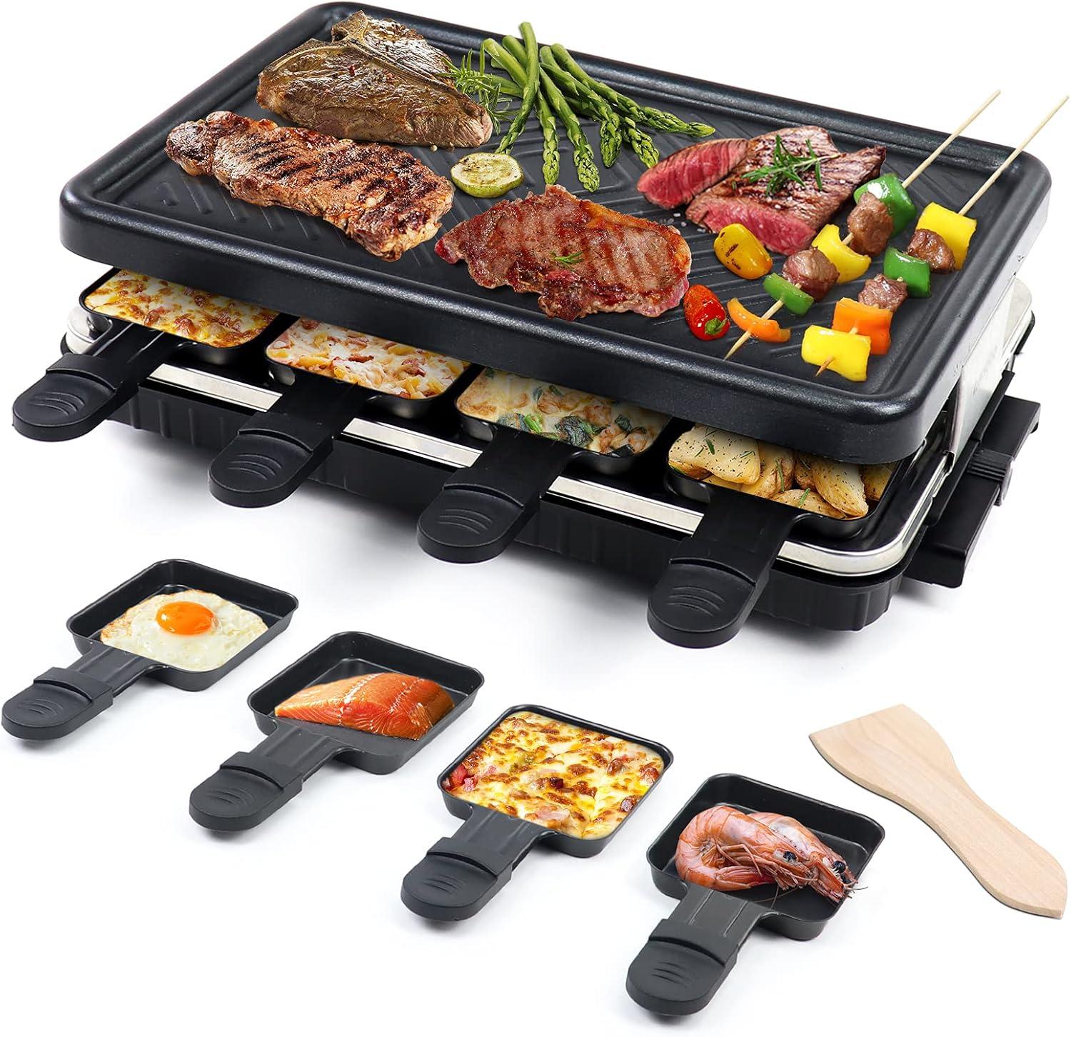 Electric Nonstick Raclette Grill with Temperature Control and 8 Pans