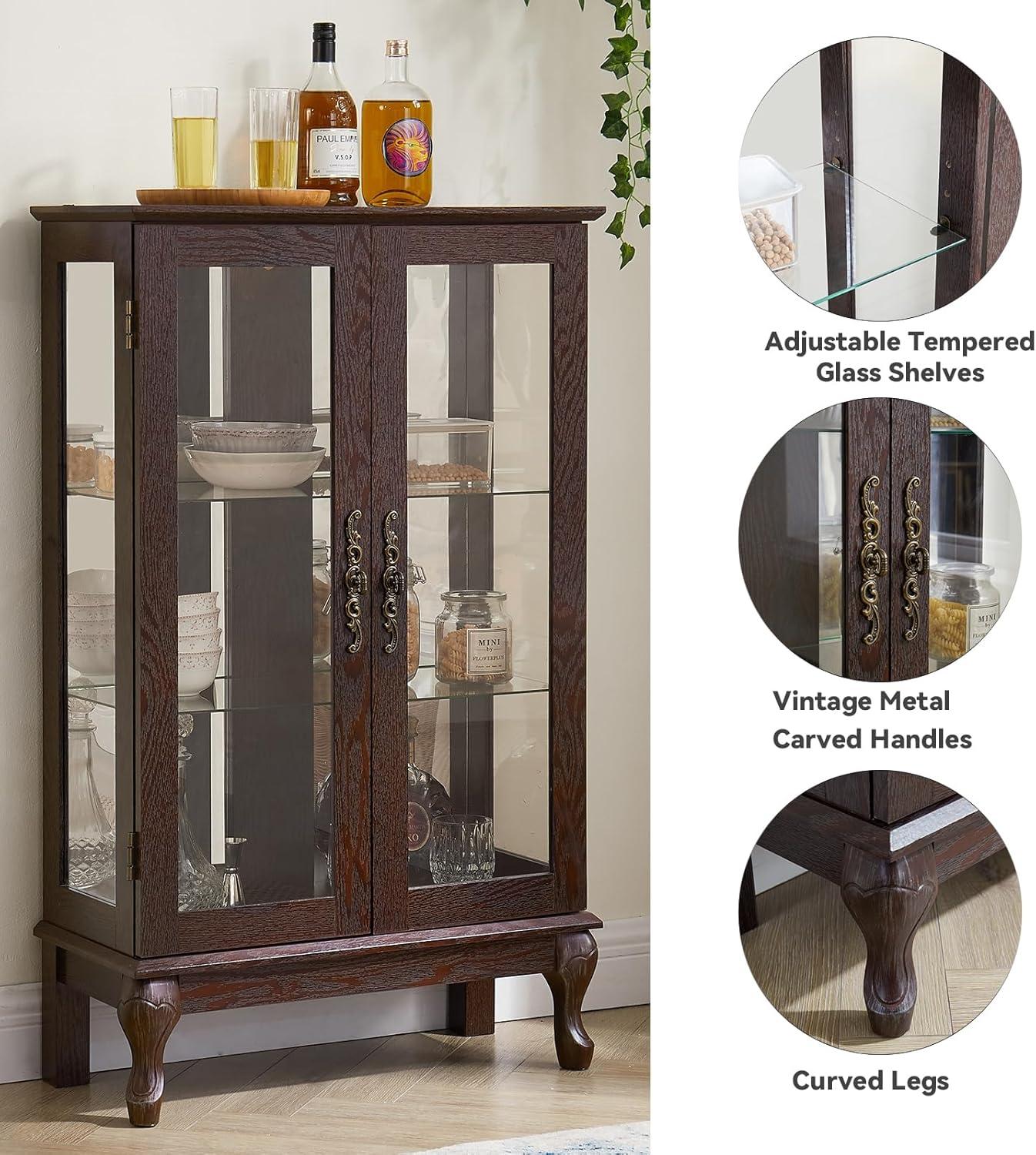 Dark Cherry Lighted Curio Cabinet with Glass Doors and Adjustable Shelves