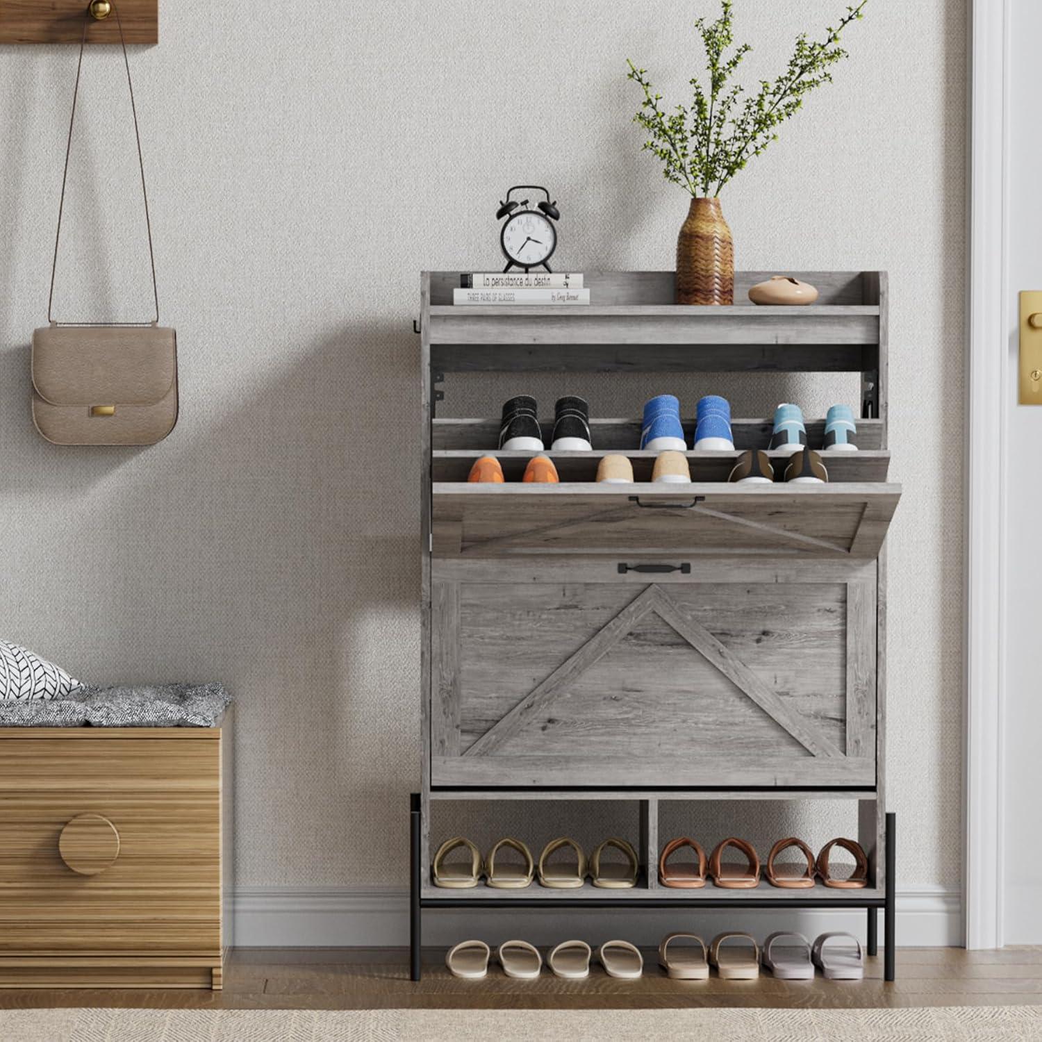 Gray MDF Freestanding Shoe Cabinet with Flip Drawers and Metal Legs