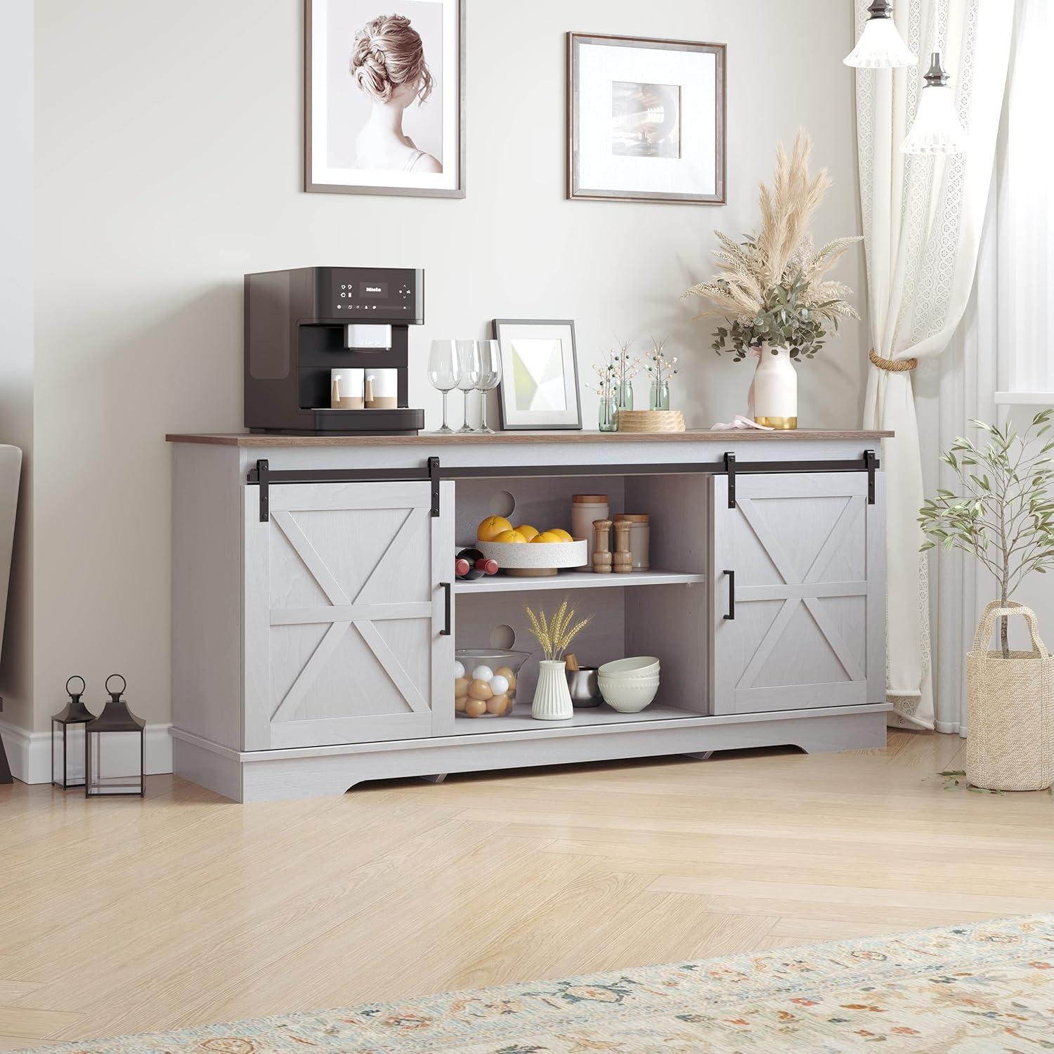 60" Grey White Farmhouse Sliding Barn Door Buffet Cabinet