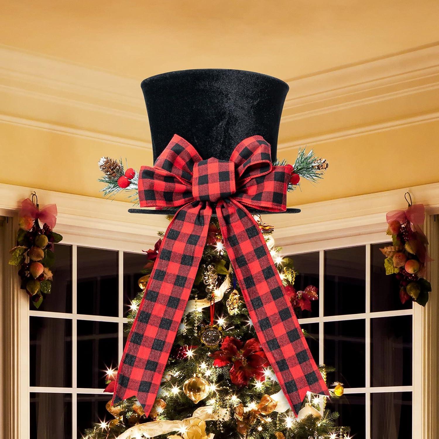 HMASYO Christmas Tree Topper Hat - Upgrade Large Black Velvet Bowler Derby Hat with Red Plaid Bow and Lengthened Ribbon Christmas Tree Decorations Desktop Ornaments for Holiday Home Decor (Black)