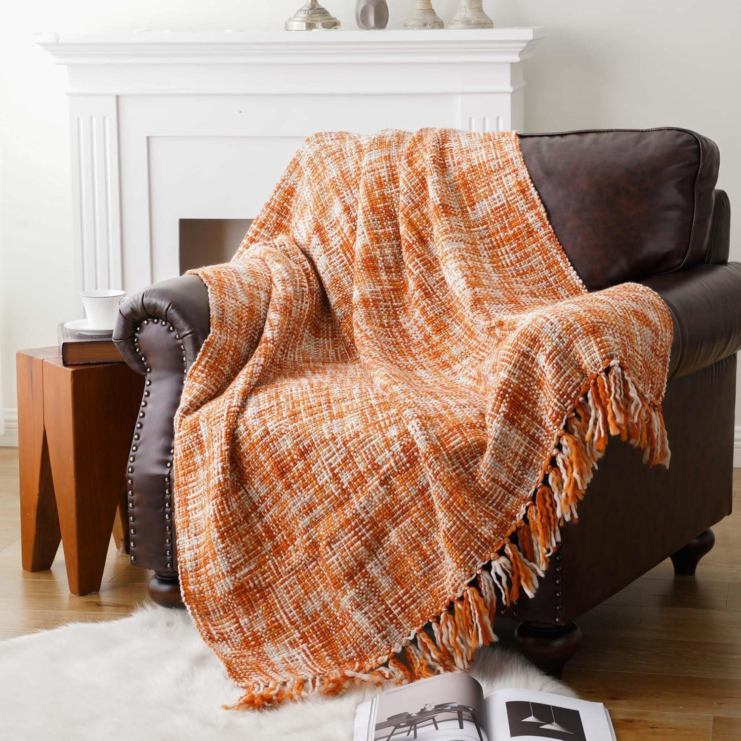 Orange Ochre Knitted Acrylic Throw Blanket with Fringes, 50"x60"