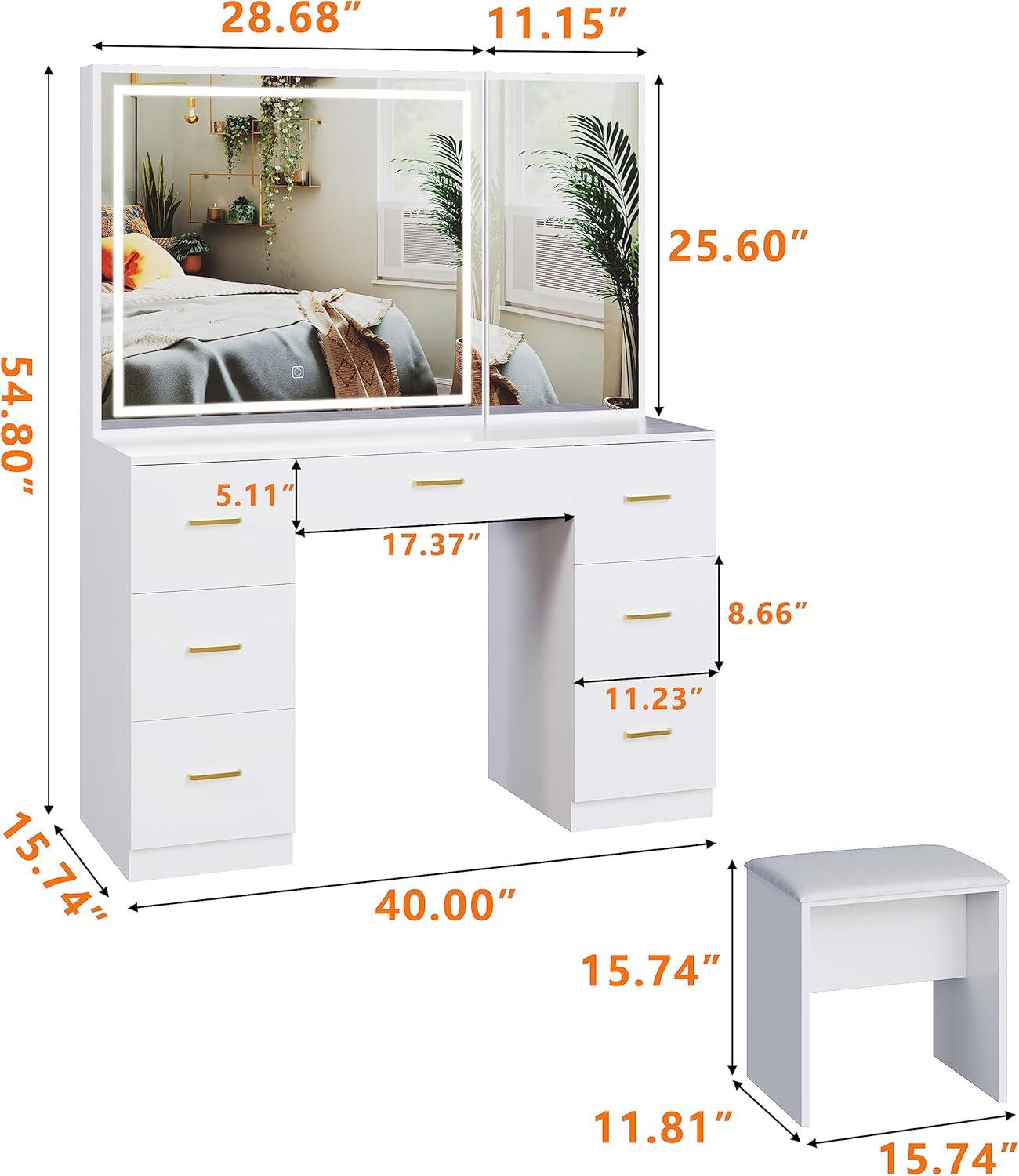 Vanity Desk with Lighted Mirror,Makeup Table with 7 Drawers,Wildhome Brand,Adult Age Group
