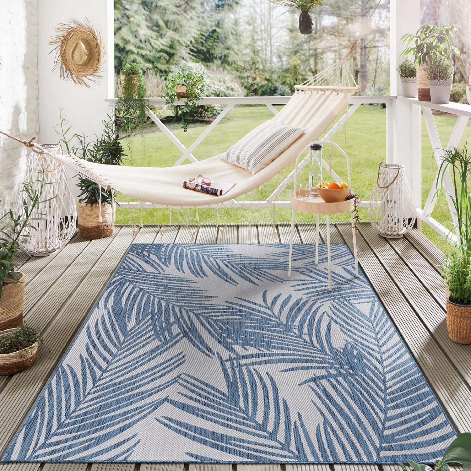World Rug Gallery Contemporary Distressed Leaves Textured Flat Weave Indoor/Outdoor Area Rug - BLUE 5' X 7'