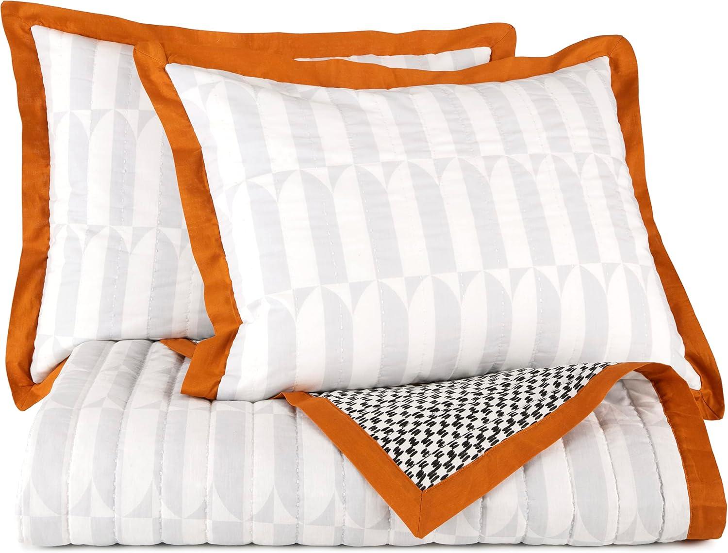 Gray Twin Cotton Reversible Quilt Set with Orange Trim