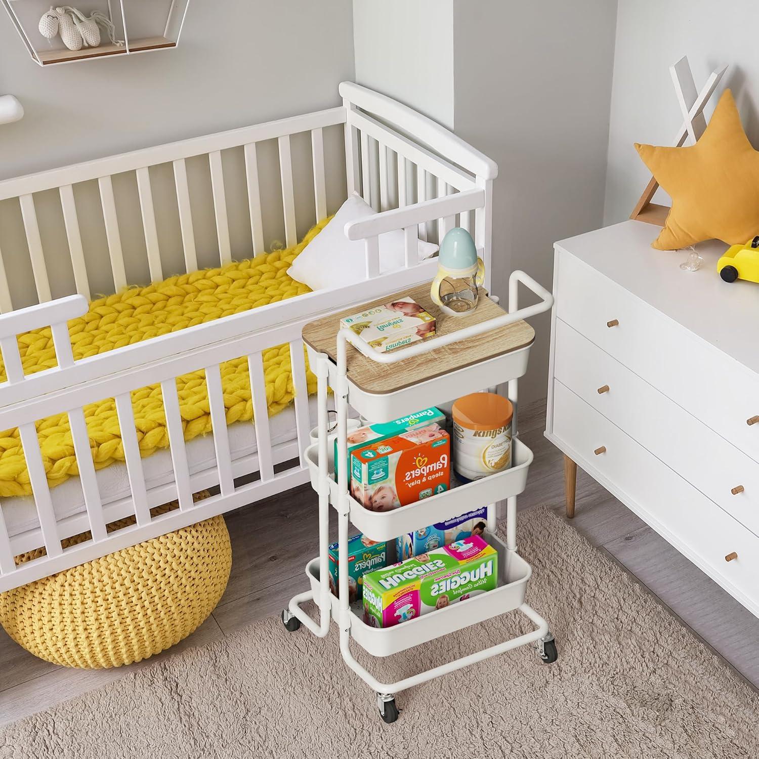 White 3-Tier Rolling Utility Cart with Metal Frame and Lockable Wheels