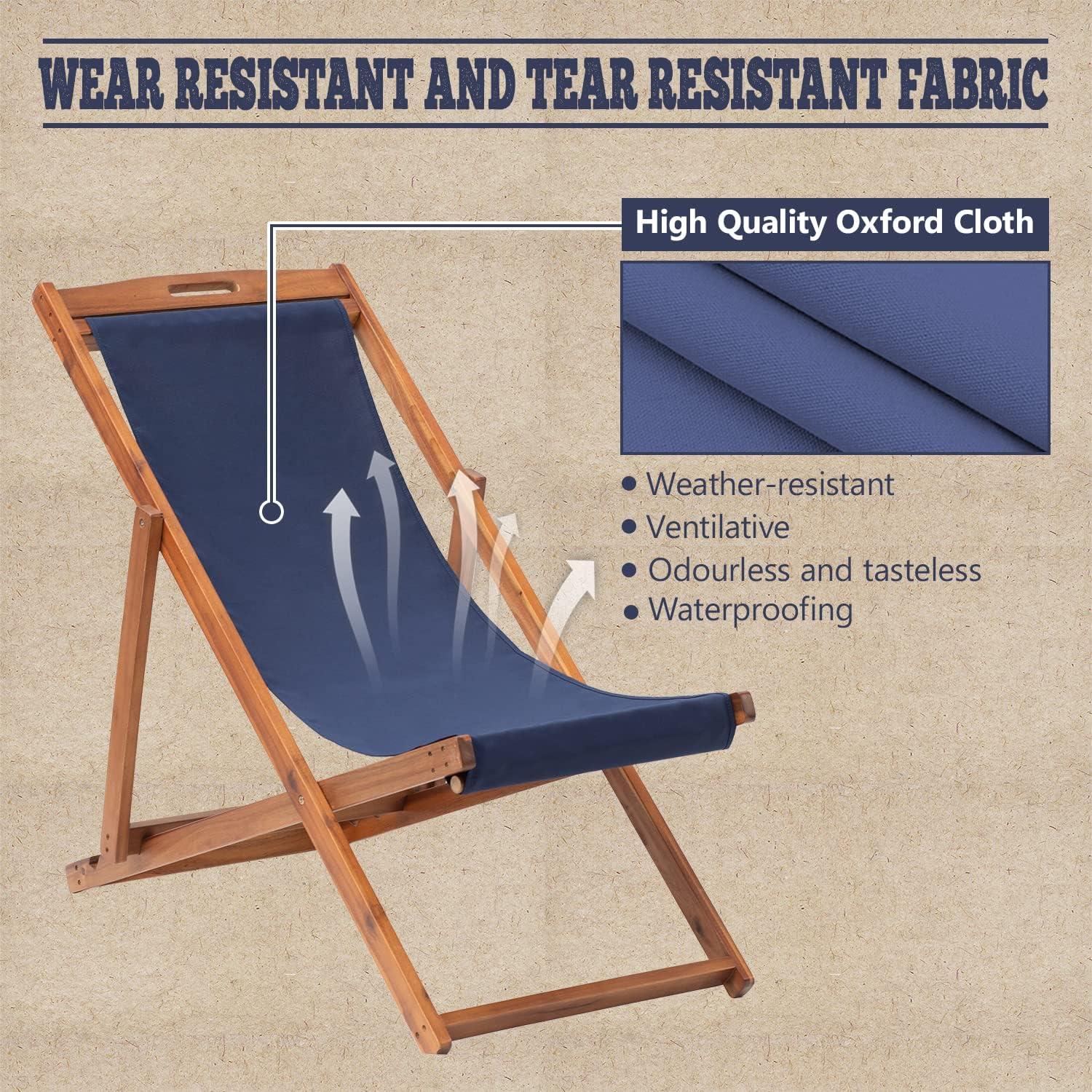 FDW Beach Sling Patio Chair for Relaxing, Foldable with Adjustable Height Made from Eucalyptus Wood with White Polyester,Khaki